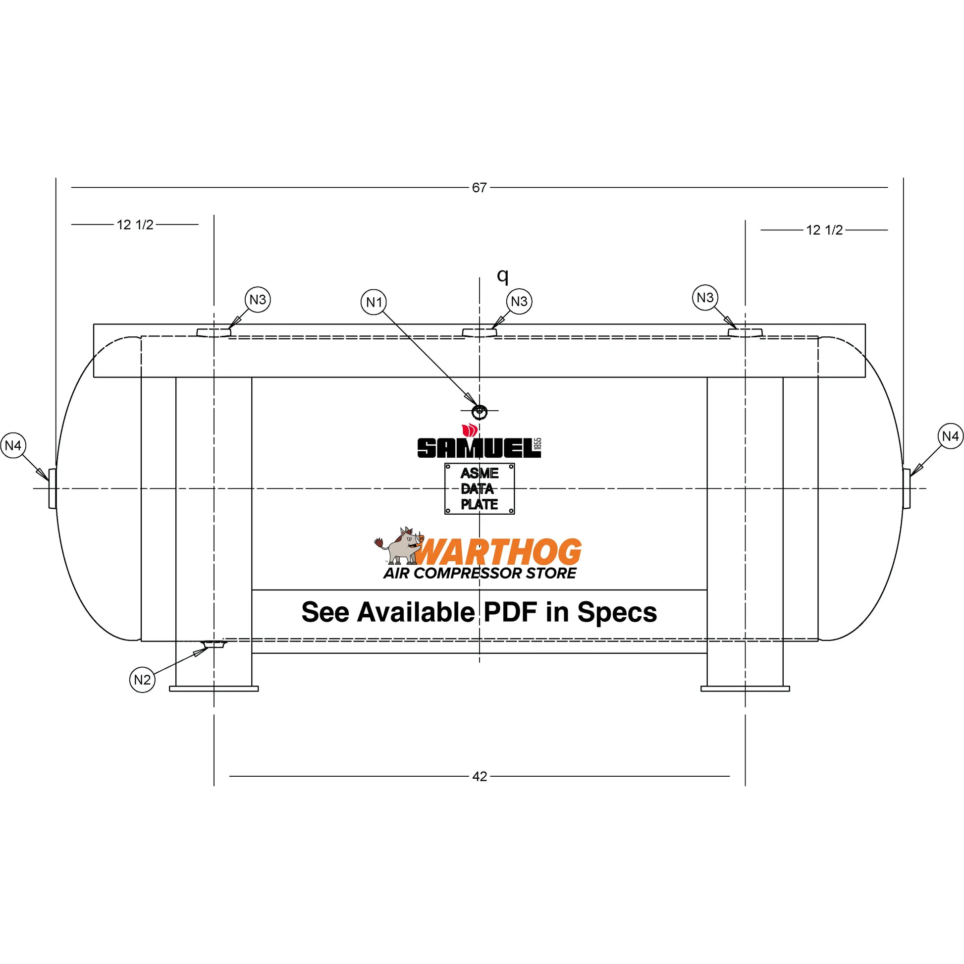 120 Gallon 200PSI Horizontal Air Tank By Samuel with Grasshopper / Pedestal | A10126 Samuel