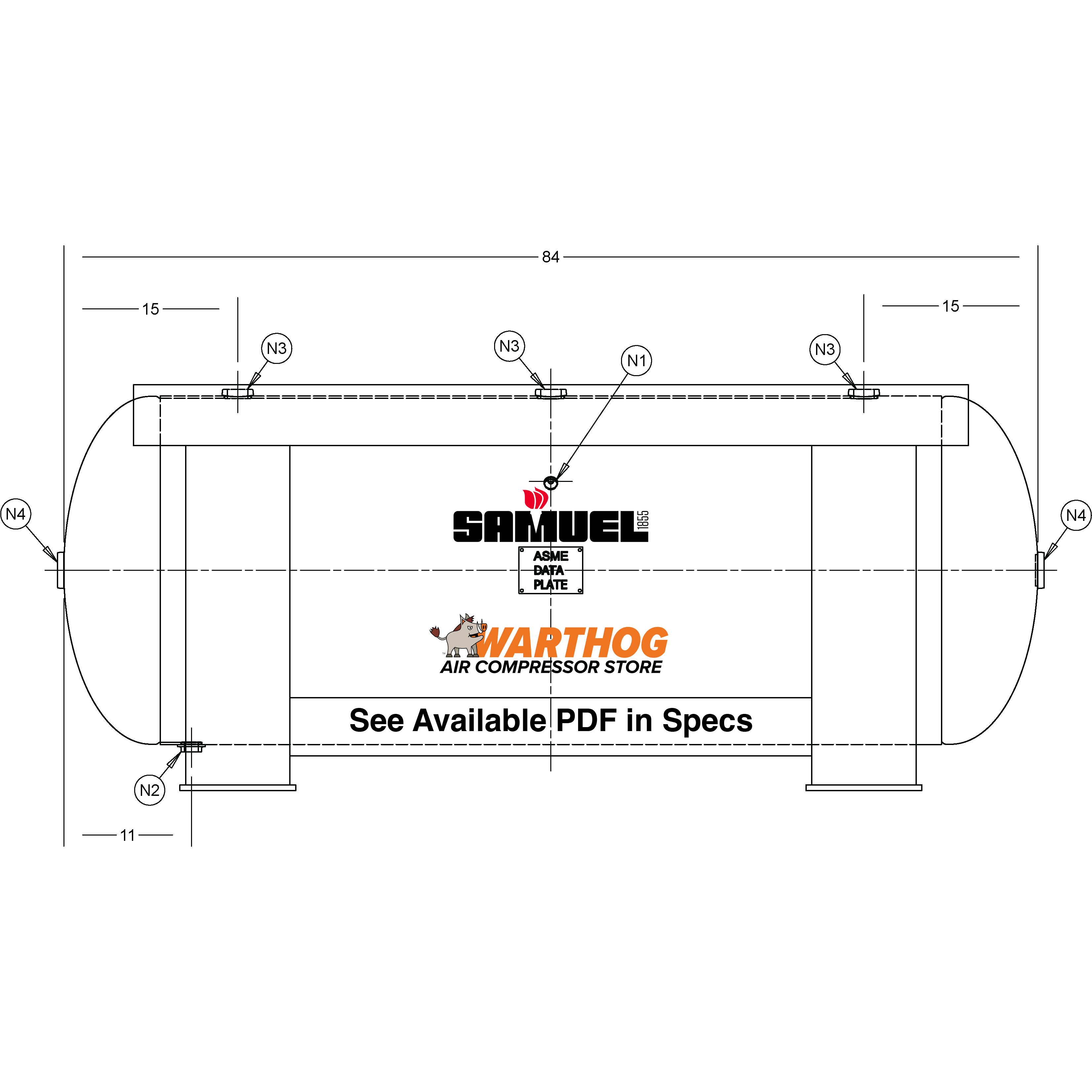 240 Gallon 200PSI Horizontal Air Tank By Samuel with Grasshopper / Pedestal | A10128