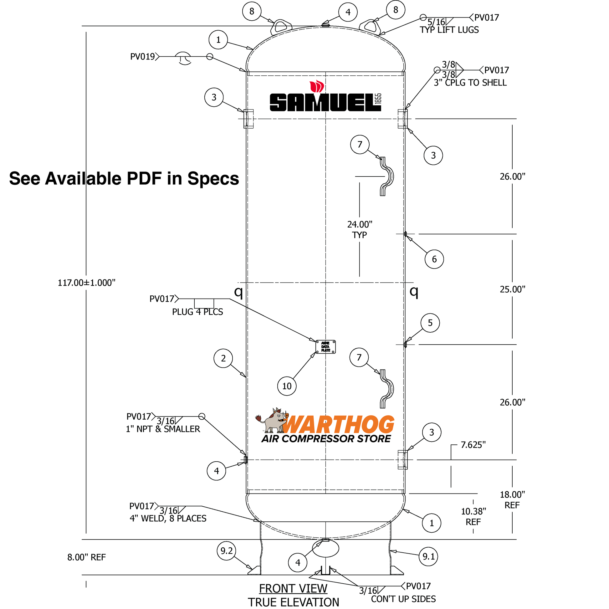 500 Gallon 300PSI Vertical Air Tank By Samuel with 8" base ring | A10129-300 Samuel