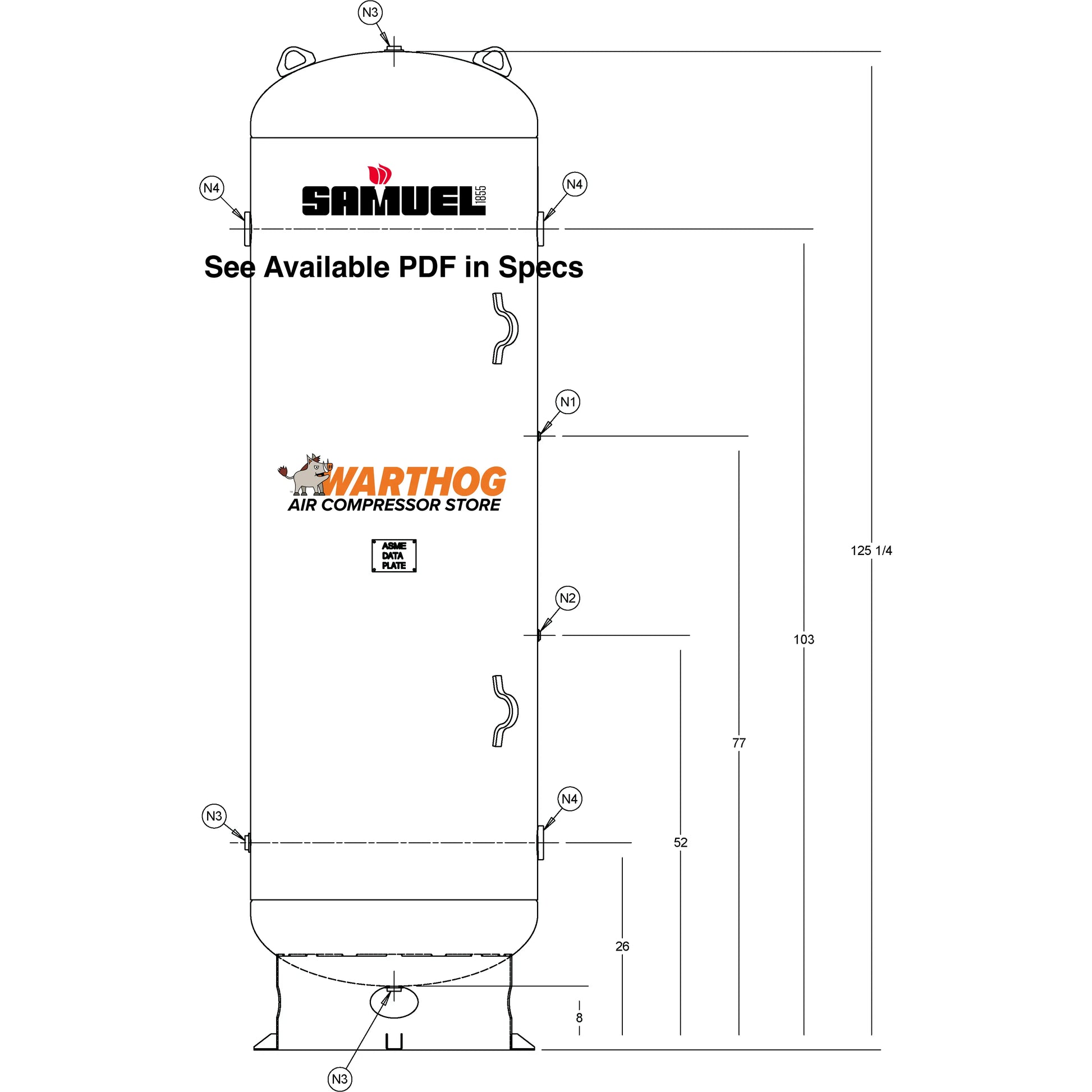 500 Gallon 165PSI Vertical Air Tank By Samuel with 8" base ring | A10129 Samuel