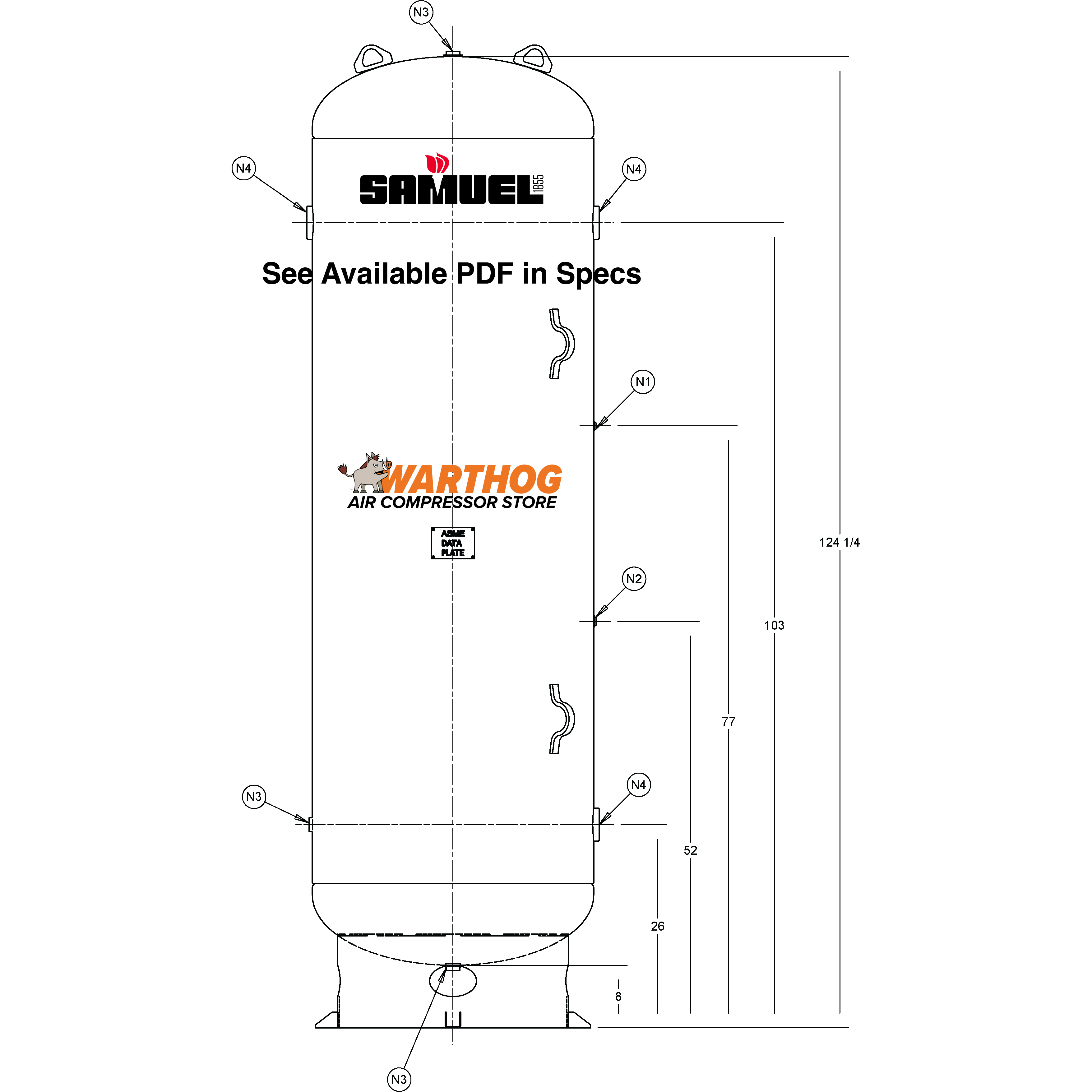 500 Gallon 200PSI Vertical Air Tank By Samuel with 8" base ring | A10130