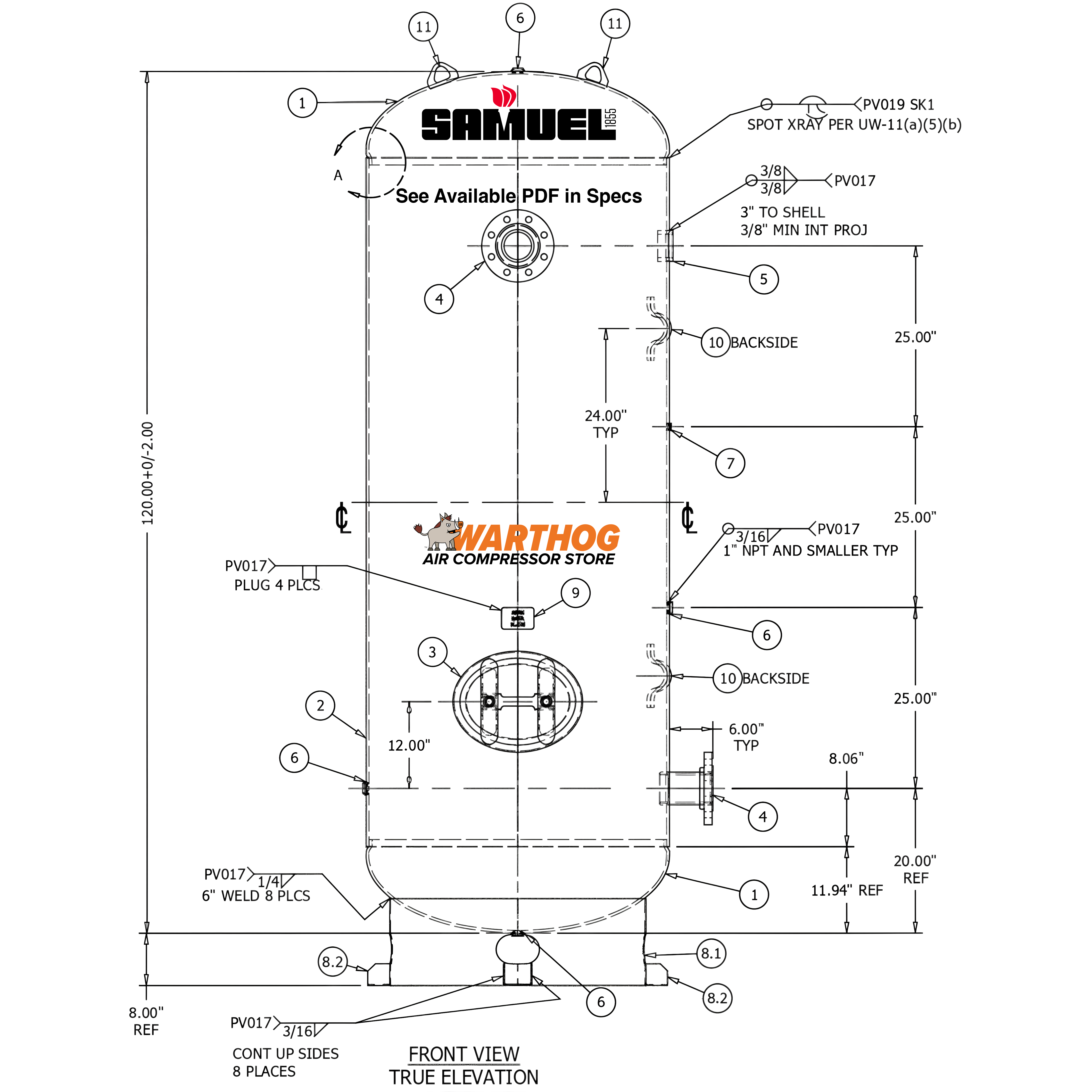 660 Gallon 300PSI Vertical Air Tank By Samuel with 8" base ring | A10131-300X