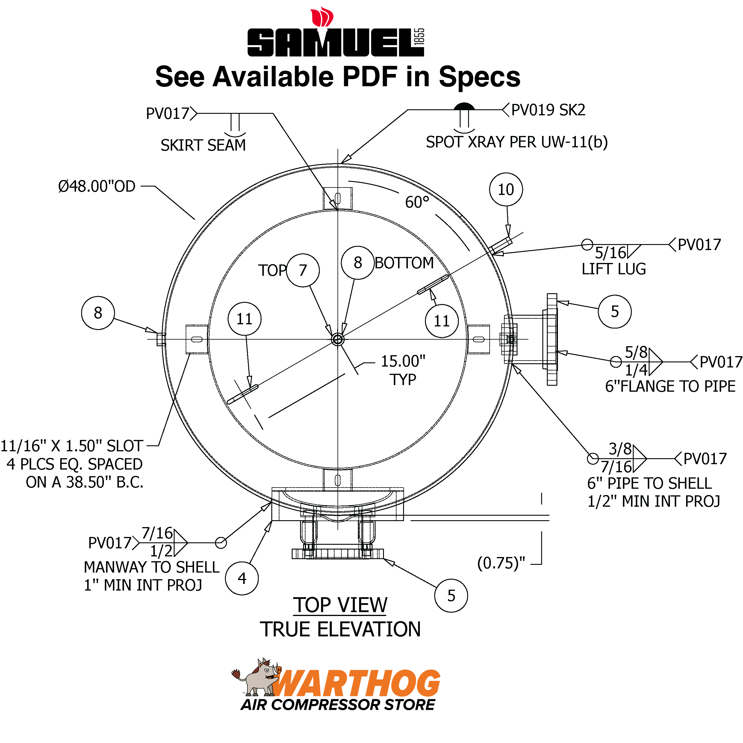 1060 Gallon 300PSI Vertical Air Tank By Samuel with 8" base ring | A10132-300