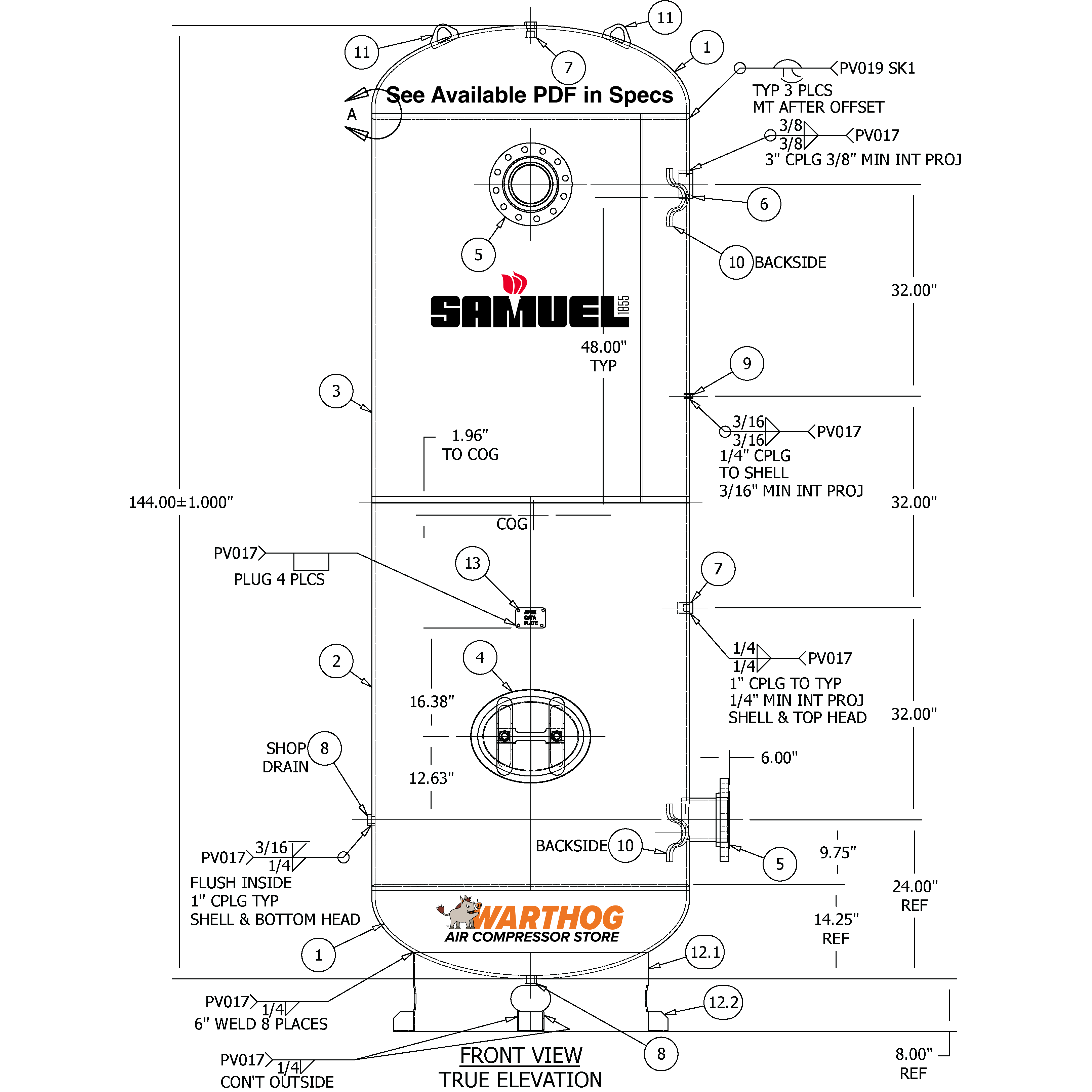 1060 Gallon 300PSI Vertical Air Tank By Samuel with 8" base ring | A10132-300