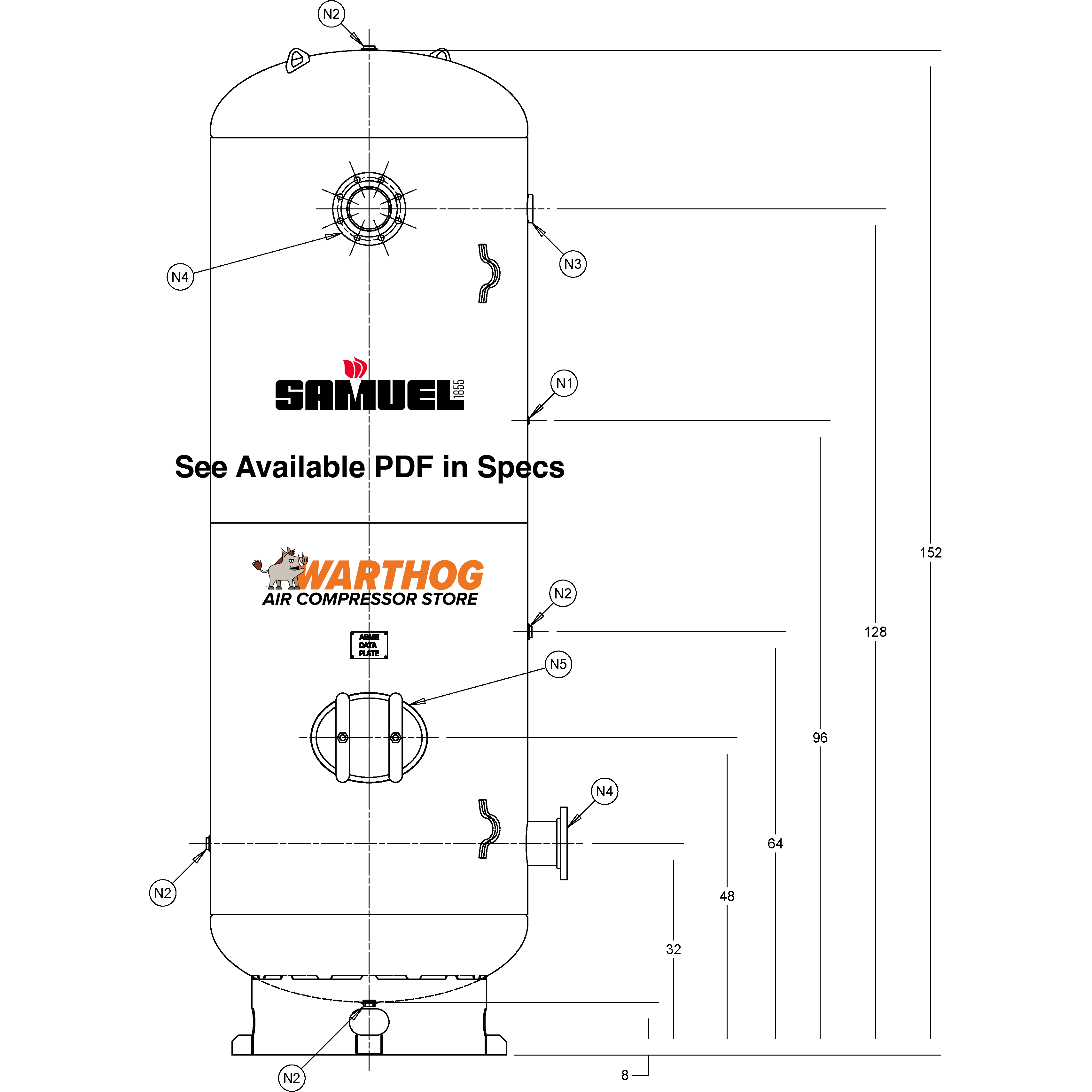 1060 Gallon 155PSI Vertical Air Tank By Samuel with 8" base ring | A10132