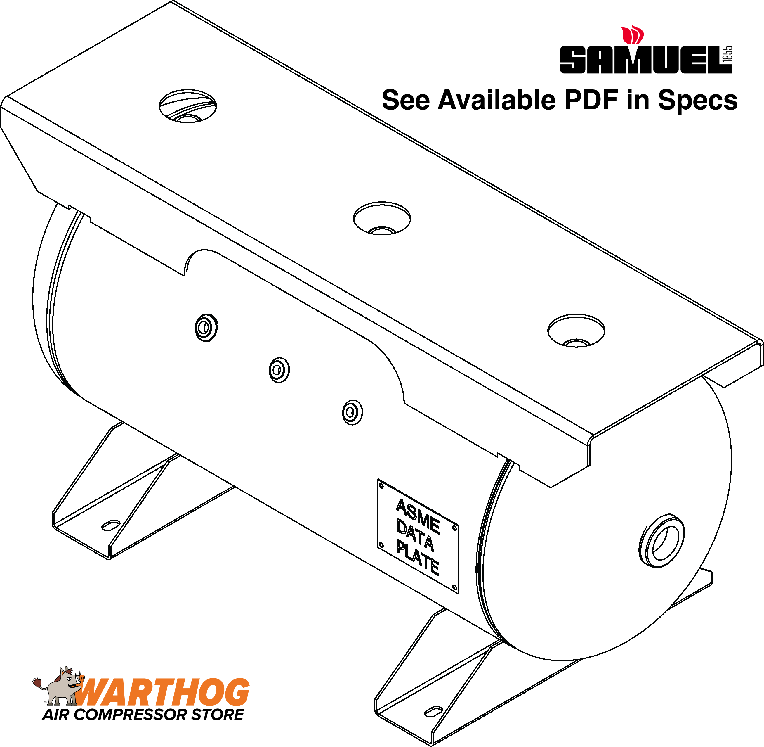 30 Gallon 200PSI Horizontal Air Tank By Samuel with Saddle legs, 12"X40" extended top plate | A10136
