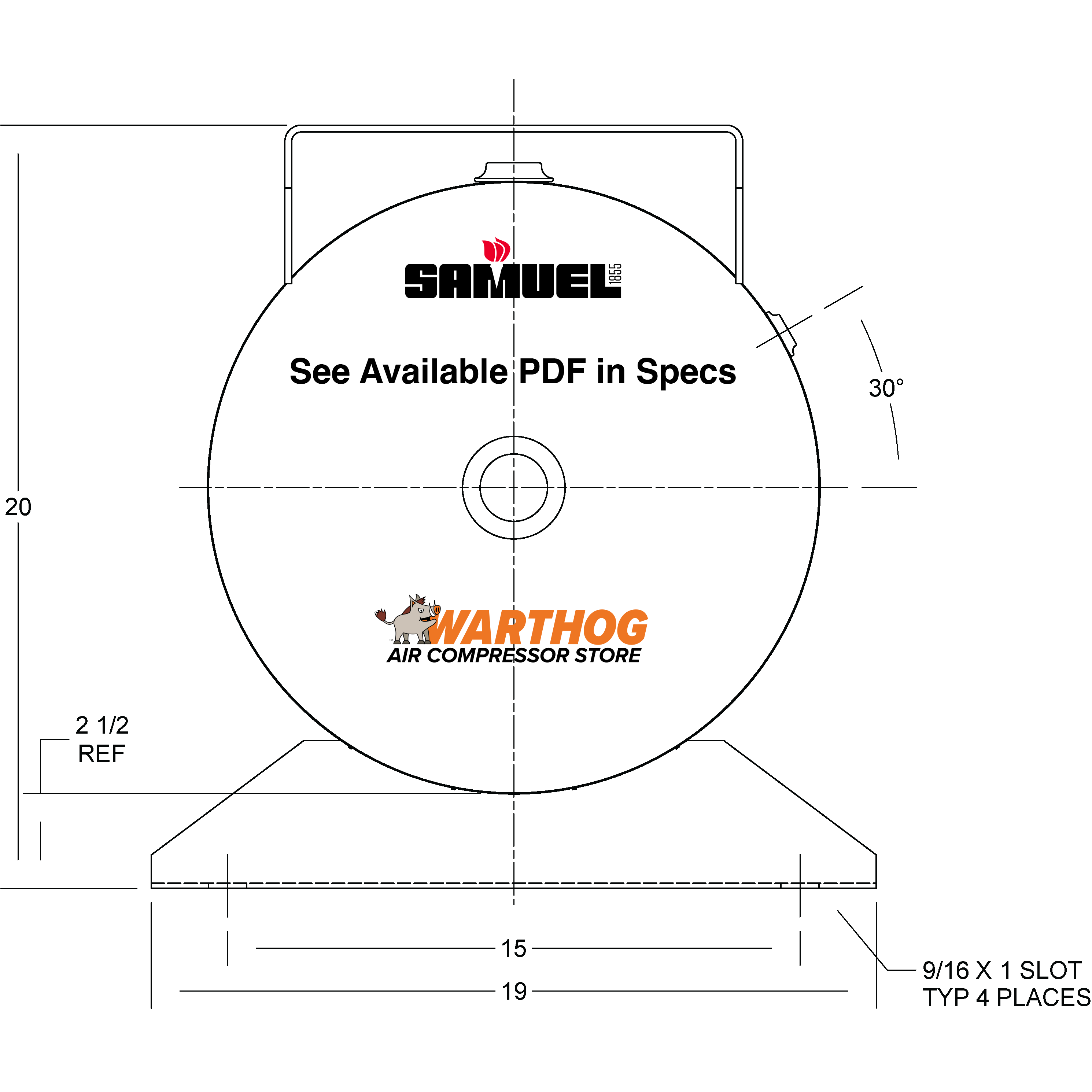30 Gallon 200PSI Horizontal Air Tank By Samuel with Saddle legs, 12"X40" extended top plate | A10136