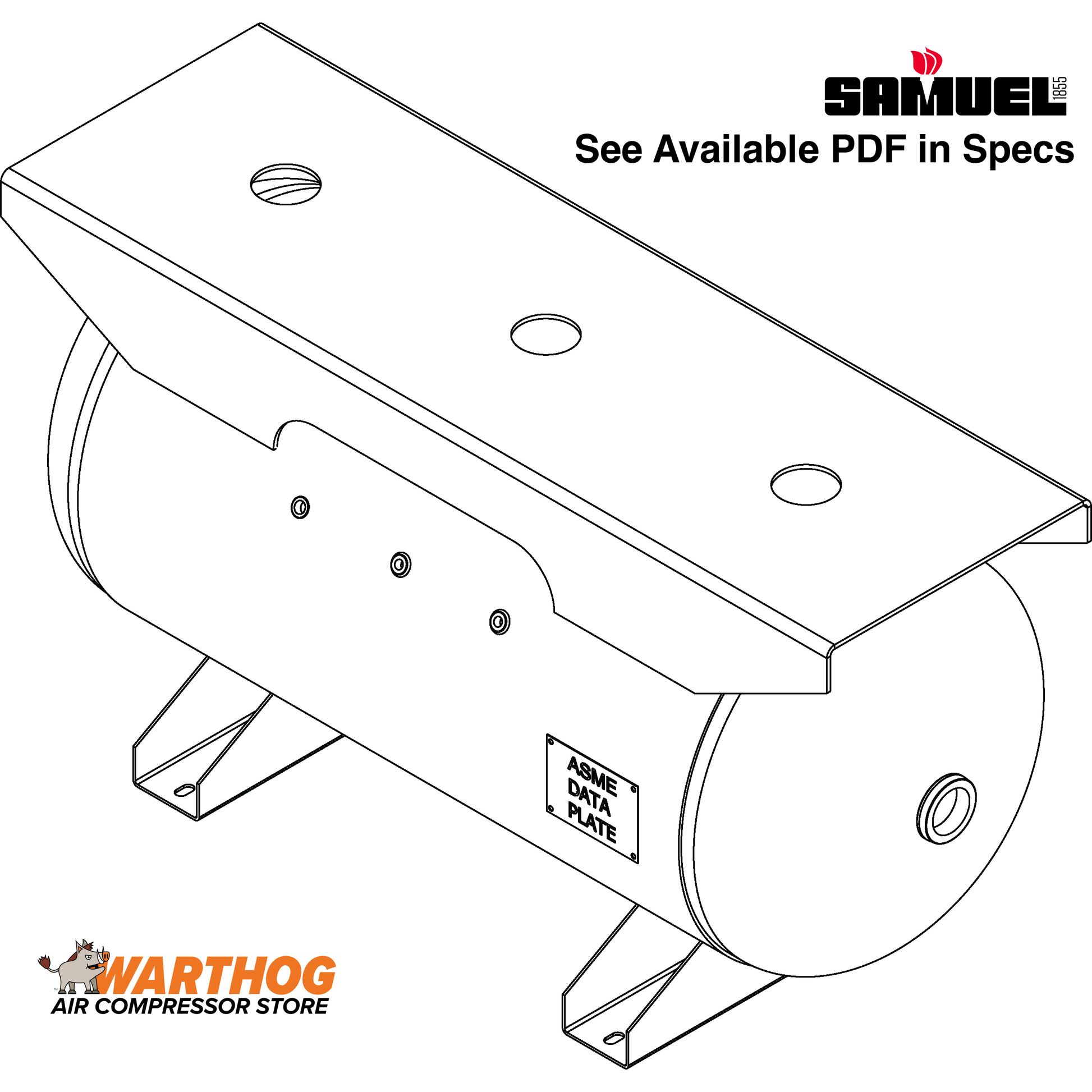 60 Gallon 200PSI Horizontal Air Tank By Samuel with Saddle legs, 16"X50" extended top plate | A10137 Samuel