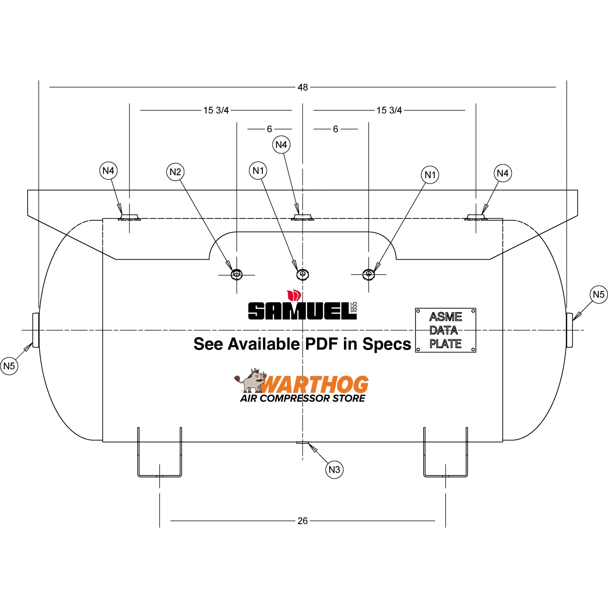 60 Gallon 200PSI Horizontal Air Tank By Samuel with Saddle legs, 16"X50" extended top plate | A10137 Samuel
