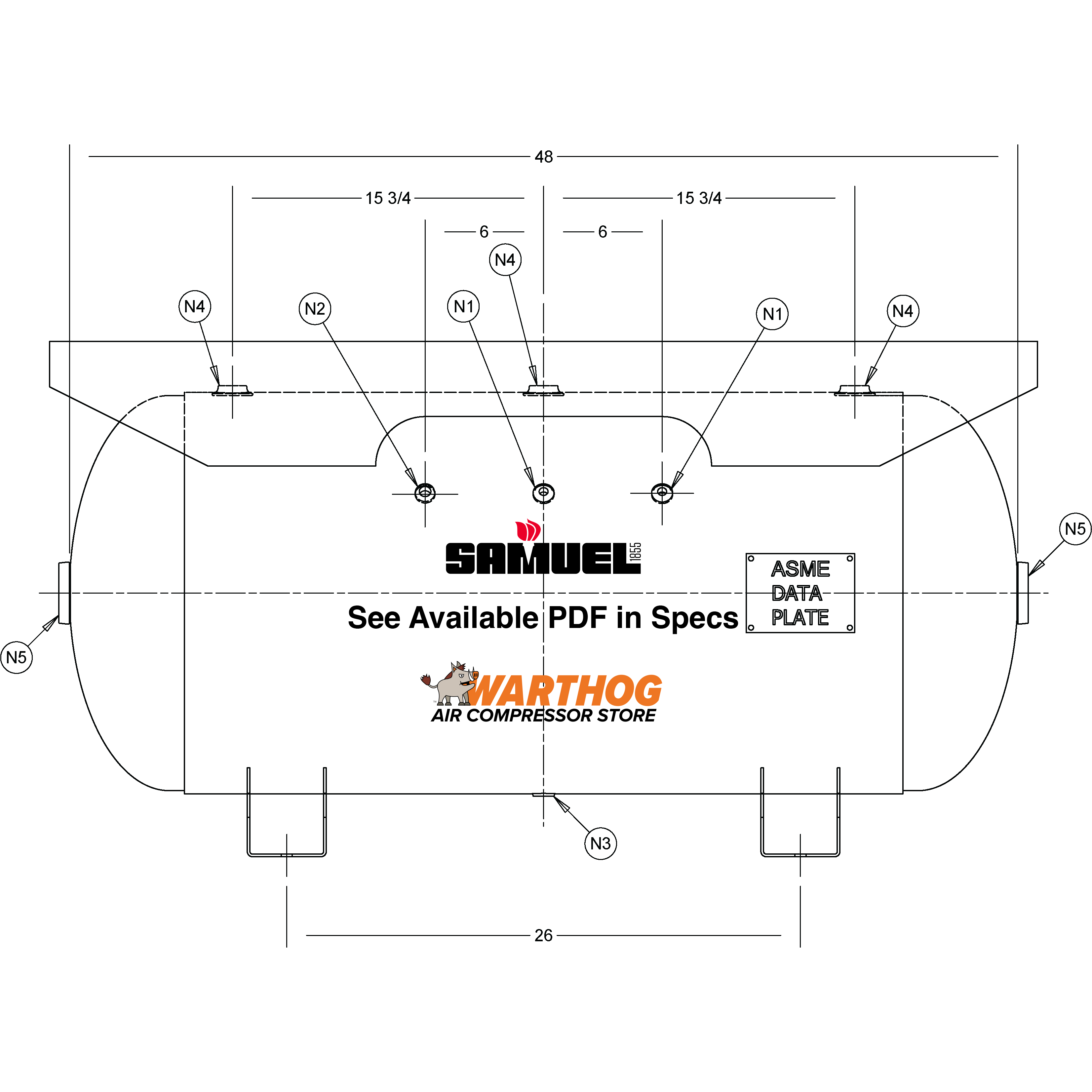 60 Gallon 200PSI Horizontal Air Tank By Samuel with Saddle legs, 16"X50" extended top plate | A10137