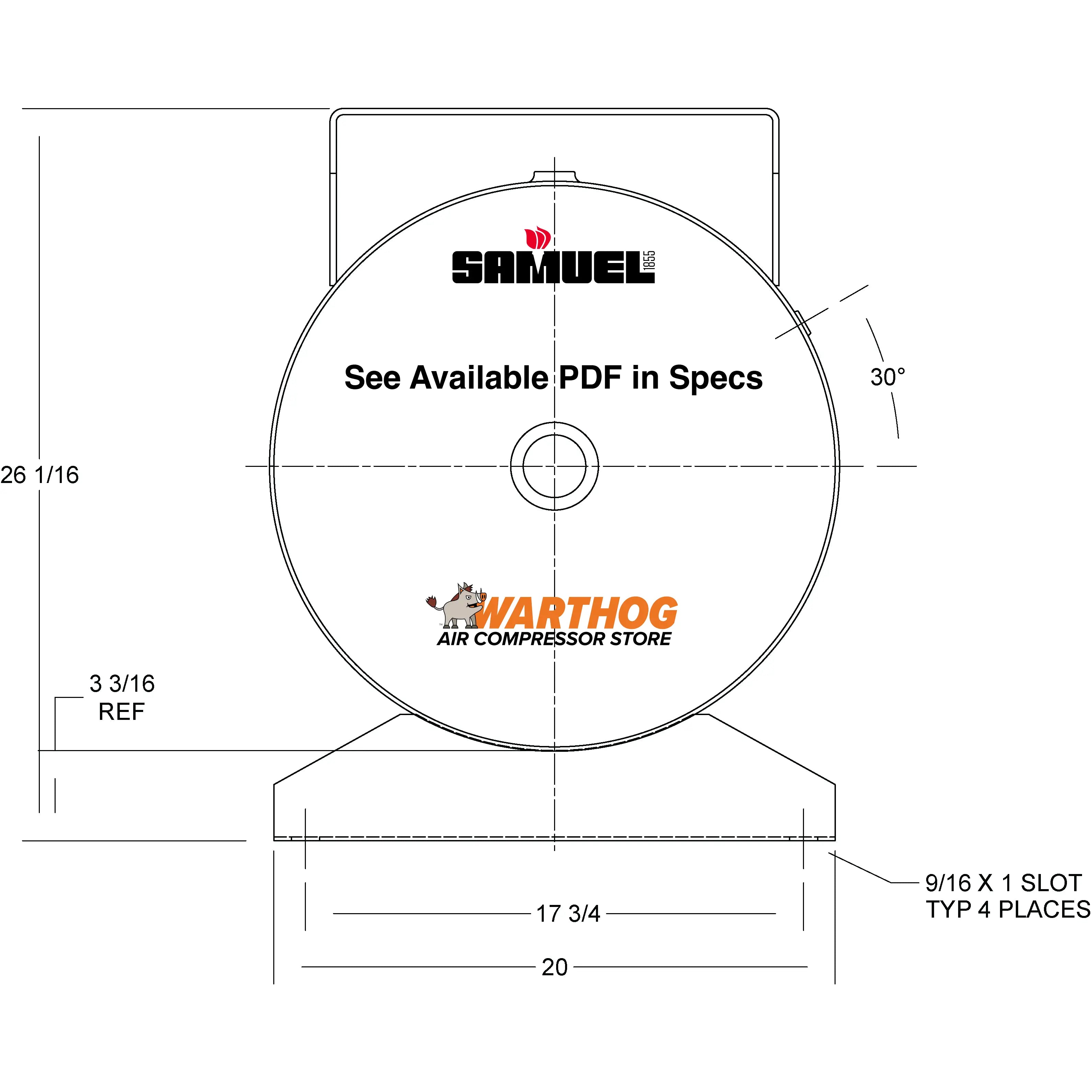 60 Gallon 200PSI Horizontal Air Tank By Samuel with Saddle legs, 16"X50" extended top plate | A10137 Samuel