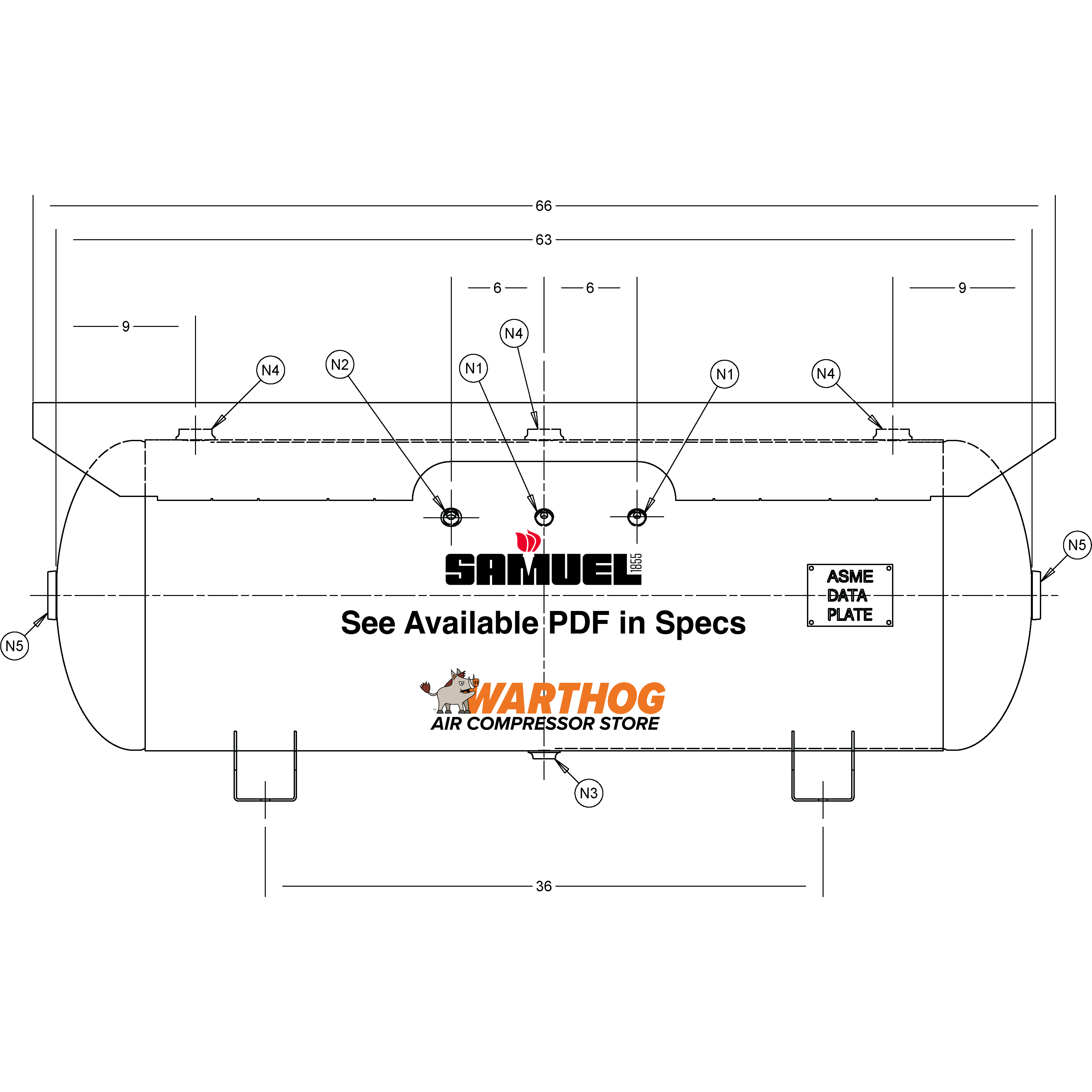 80 Gallon 200PSI Horizontal Air Tank By Samuel with Saddle legs, 16"X66" extended top plate | A10138