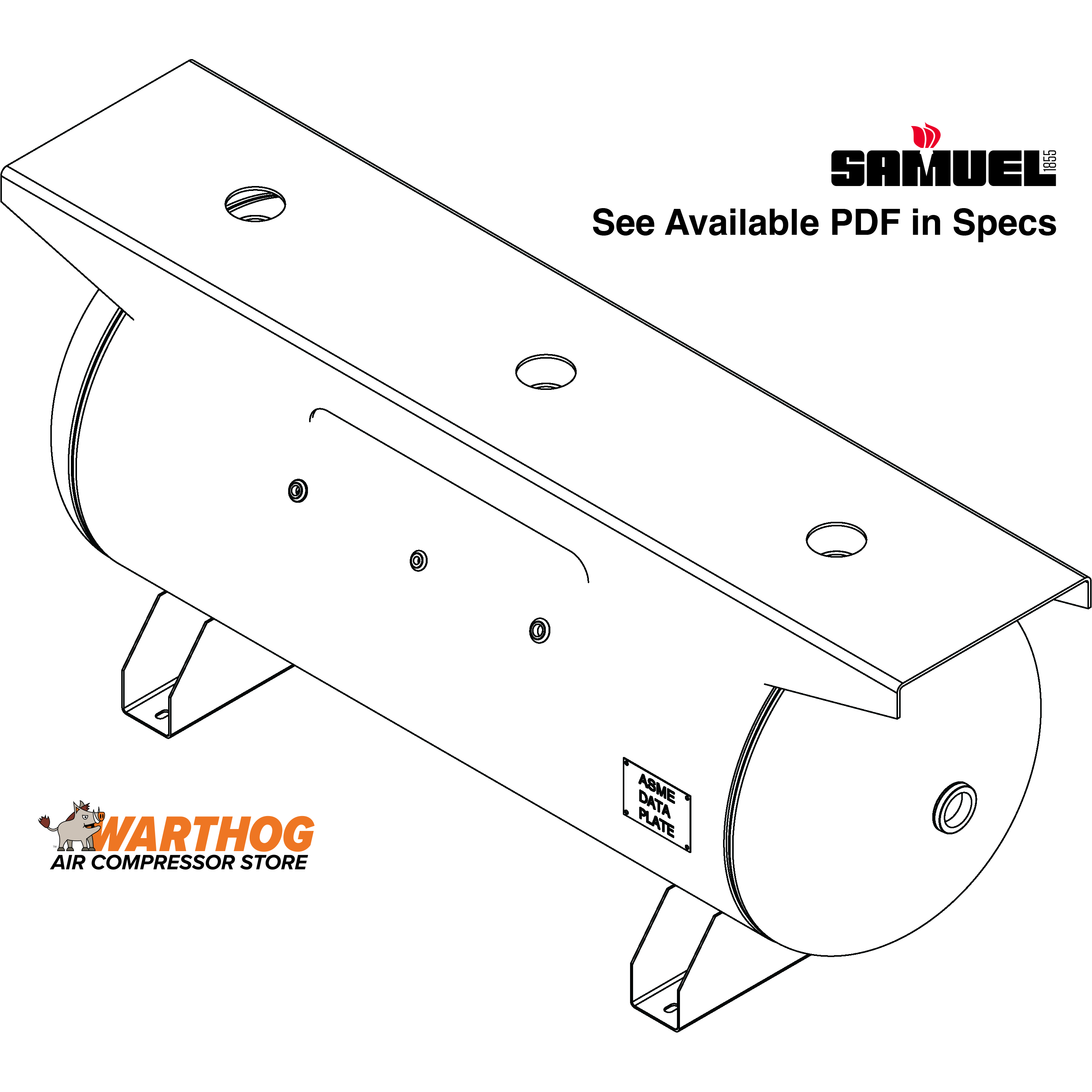 120 Gallon 200PSI Horizontal Air Tank By Samuel with Saddle legs, 16"X74" extended top plate | A10139