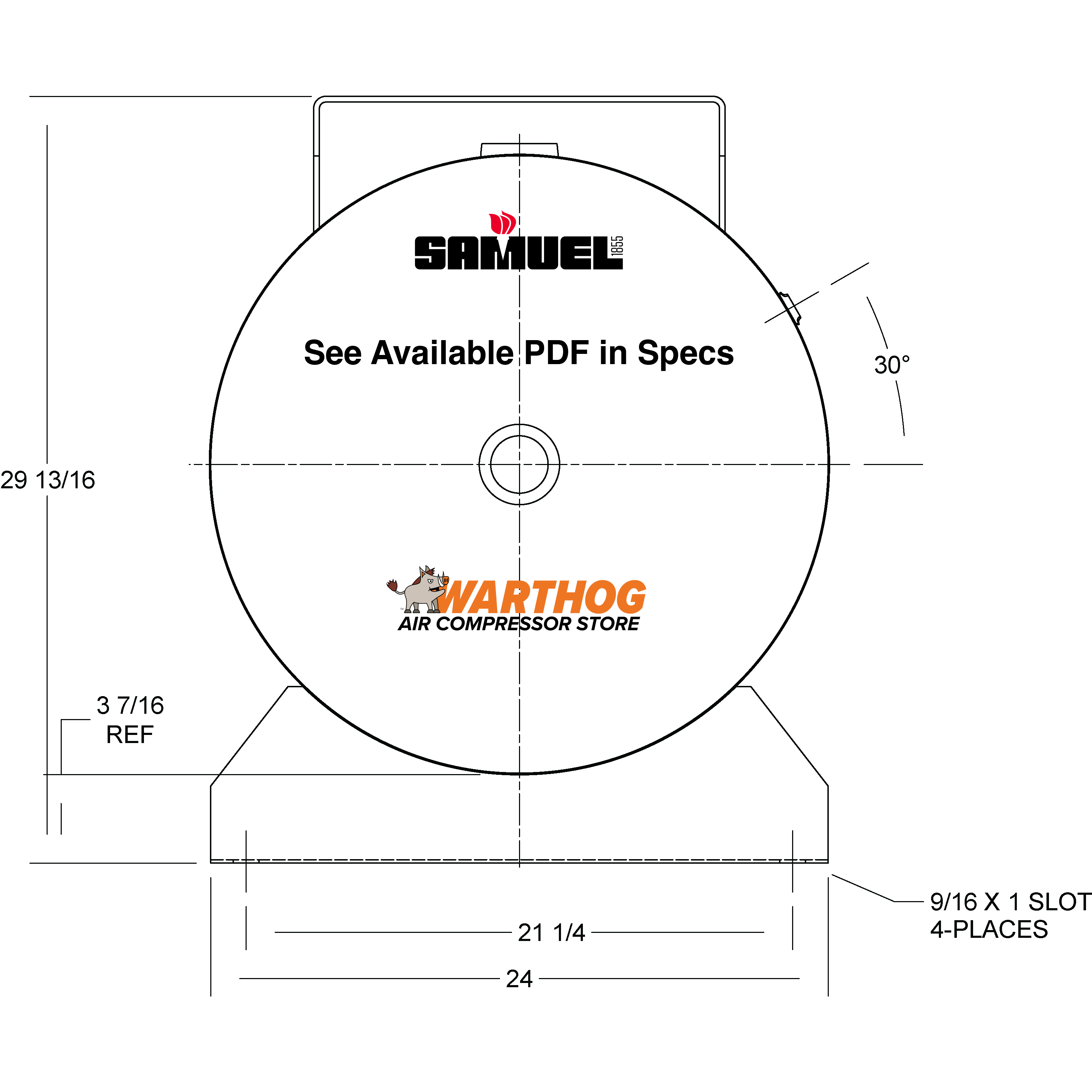 120 Gallon 200PSI Horizontal Air Tank By Samuel with Saddle legs, 16"X74" extended top plate | A10139