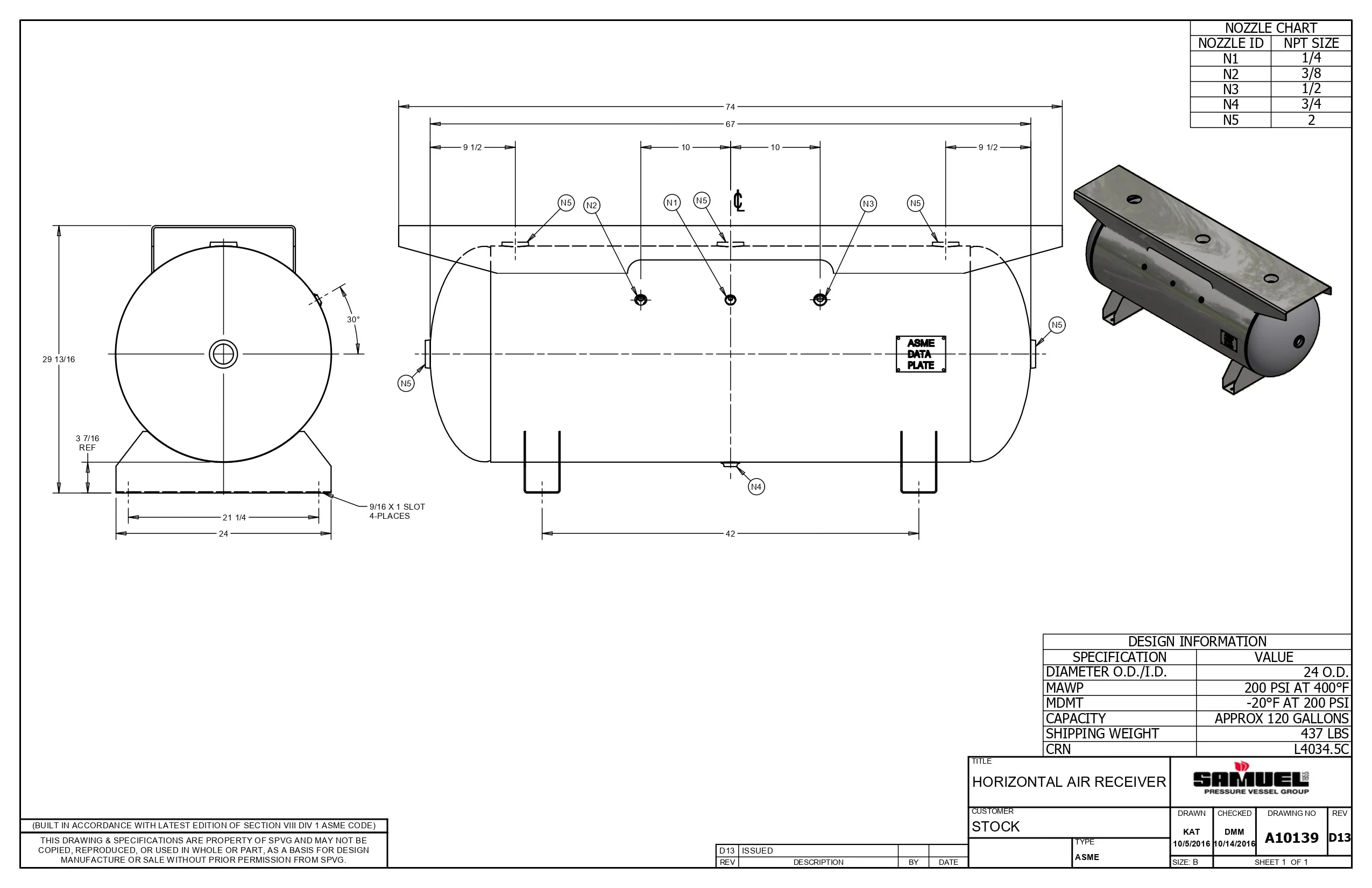 120 Gallon 200PSI Horizontal Air Tank By Samuel with Saddle legs, 16"X74" extended top plate | A10139