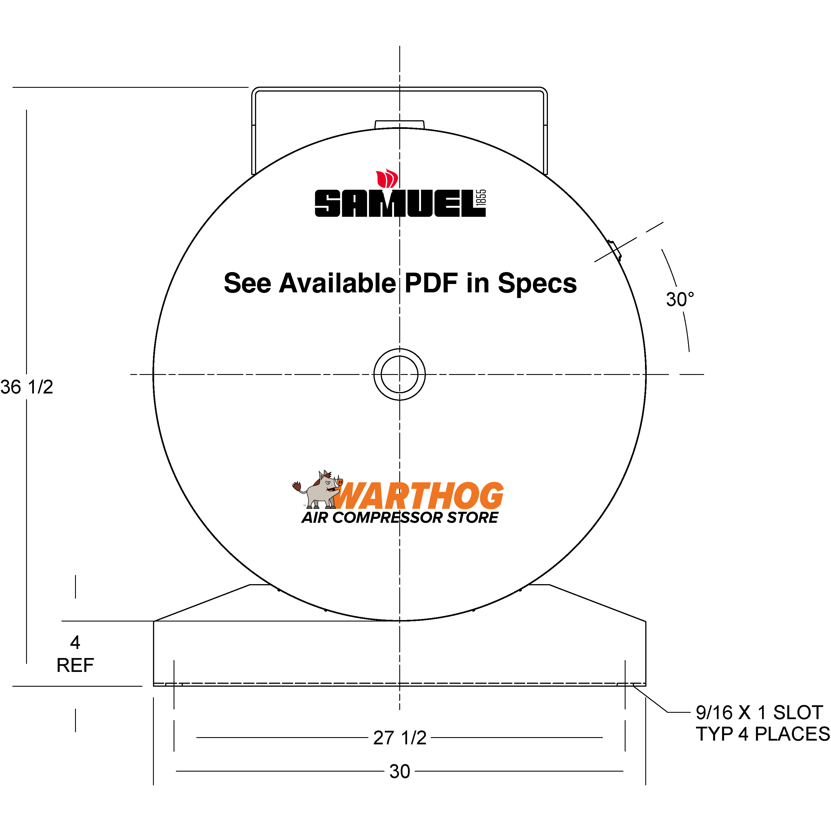 200 Gallon 200PSI Horizontal Air Tank By Samuel with Saddle legs, 18"X86" top plate | A10140