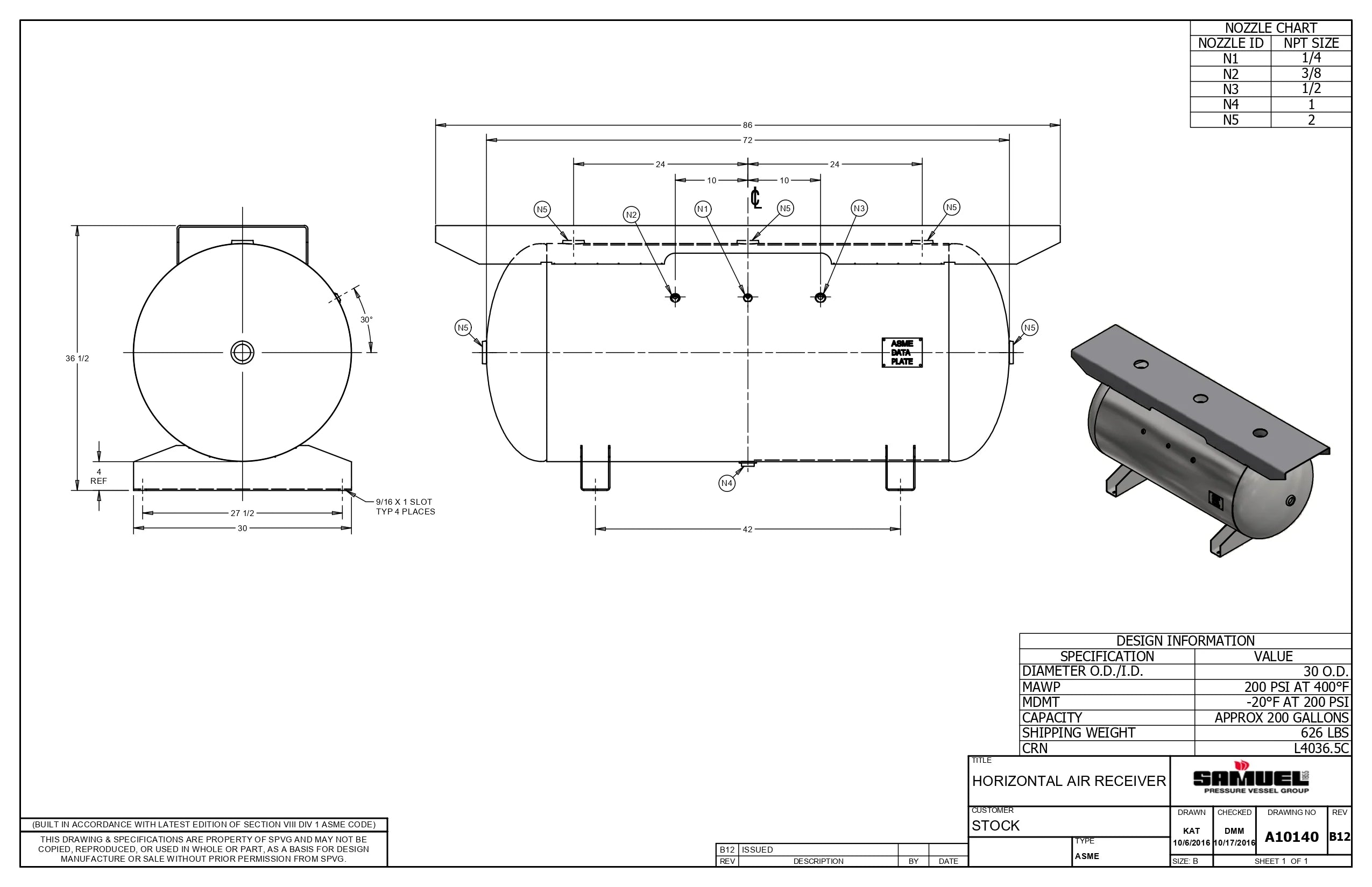 200 Gallon 200PSI Horizontal Air Tank By Samuel with Saddle legs, 18"X86" top plate | A10140