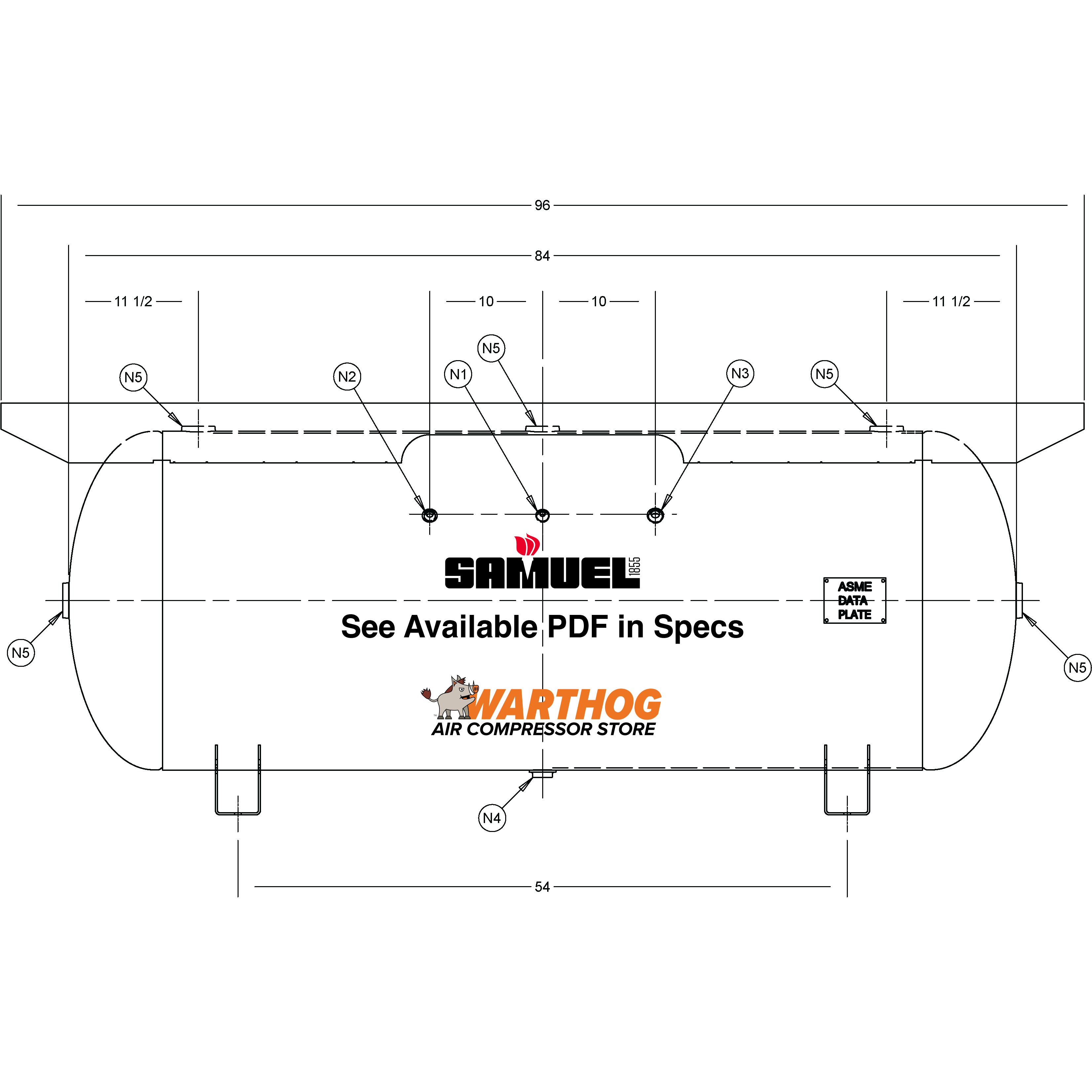 240 Gallon 200PSI Horizontal Air Tank By Samuel with Saddle legs, 18"X96" extended top plate | A10141