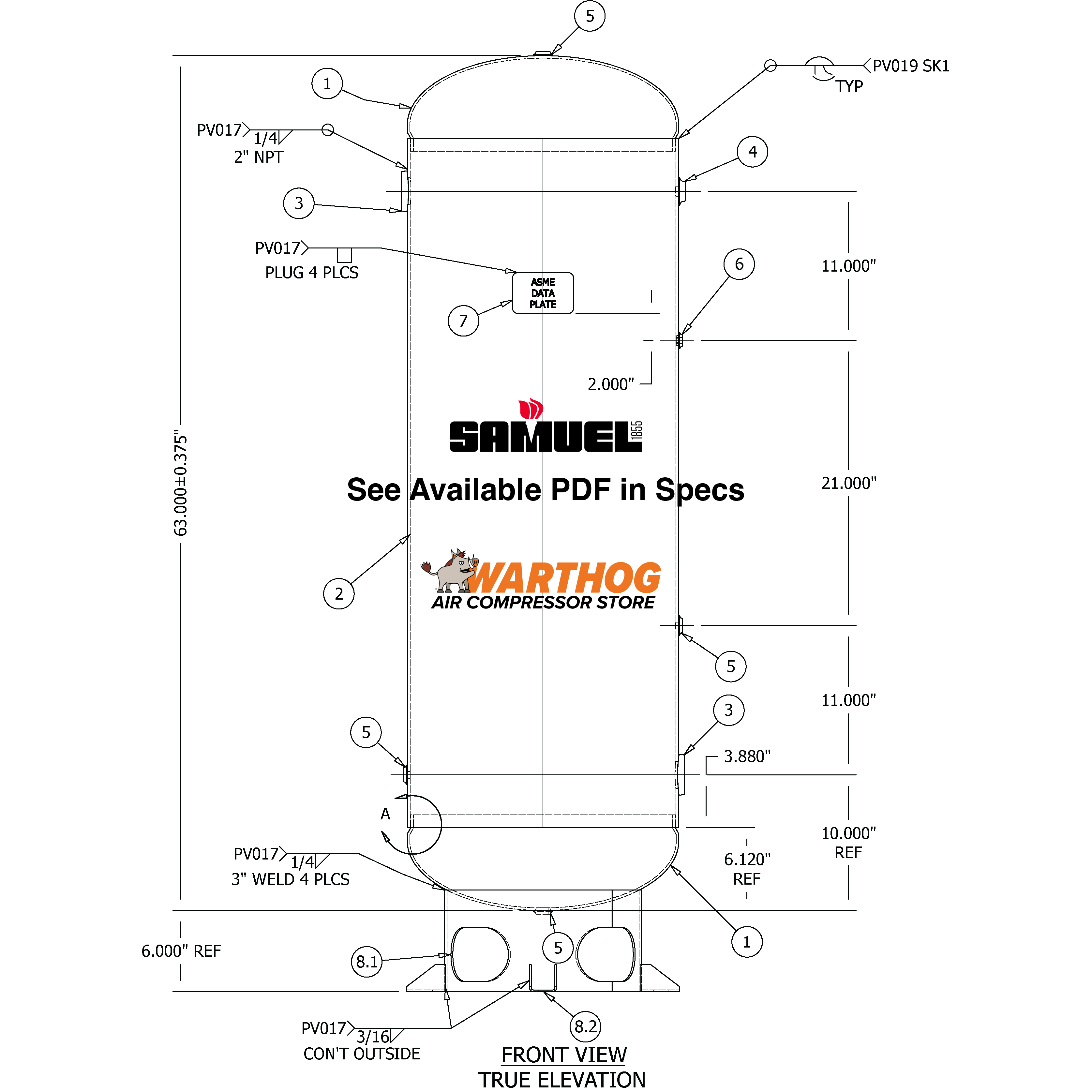 80 Gallon 300PSI Vertical Air Tank By Samuel with 6" base ring | A10325-300
