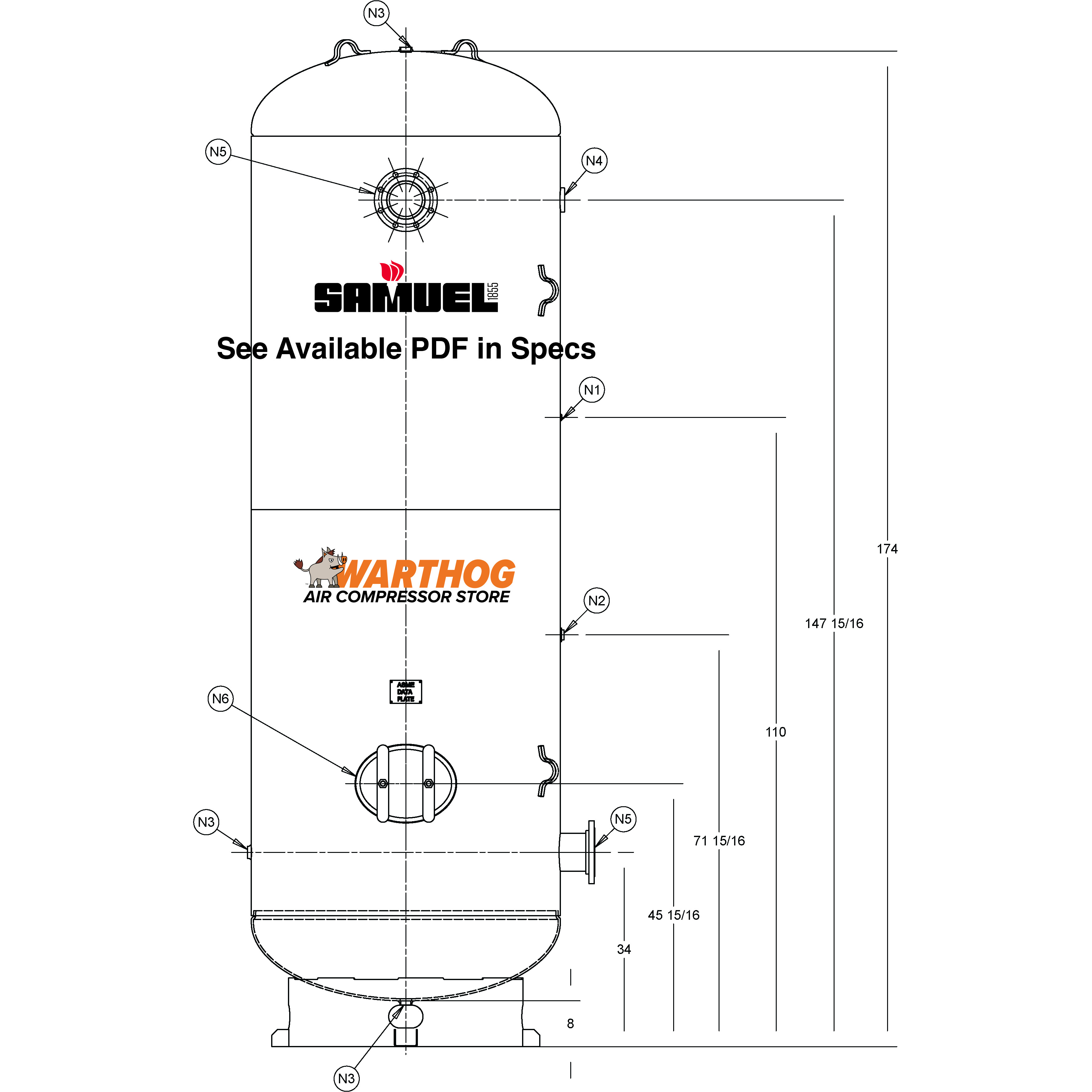1550 Gallon 200PSI Vertical Air Tank By Samuel with 8" base ring | A10332