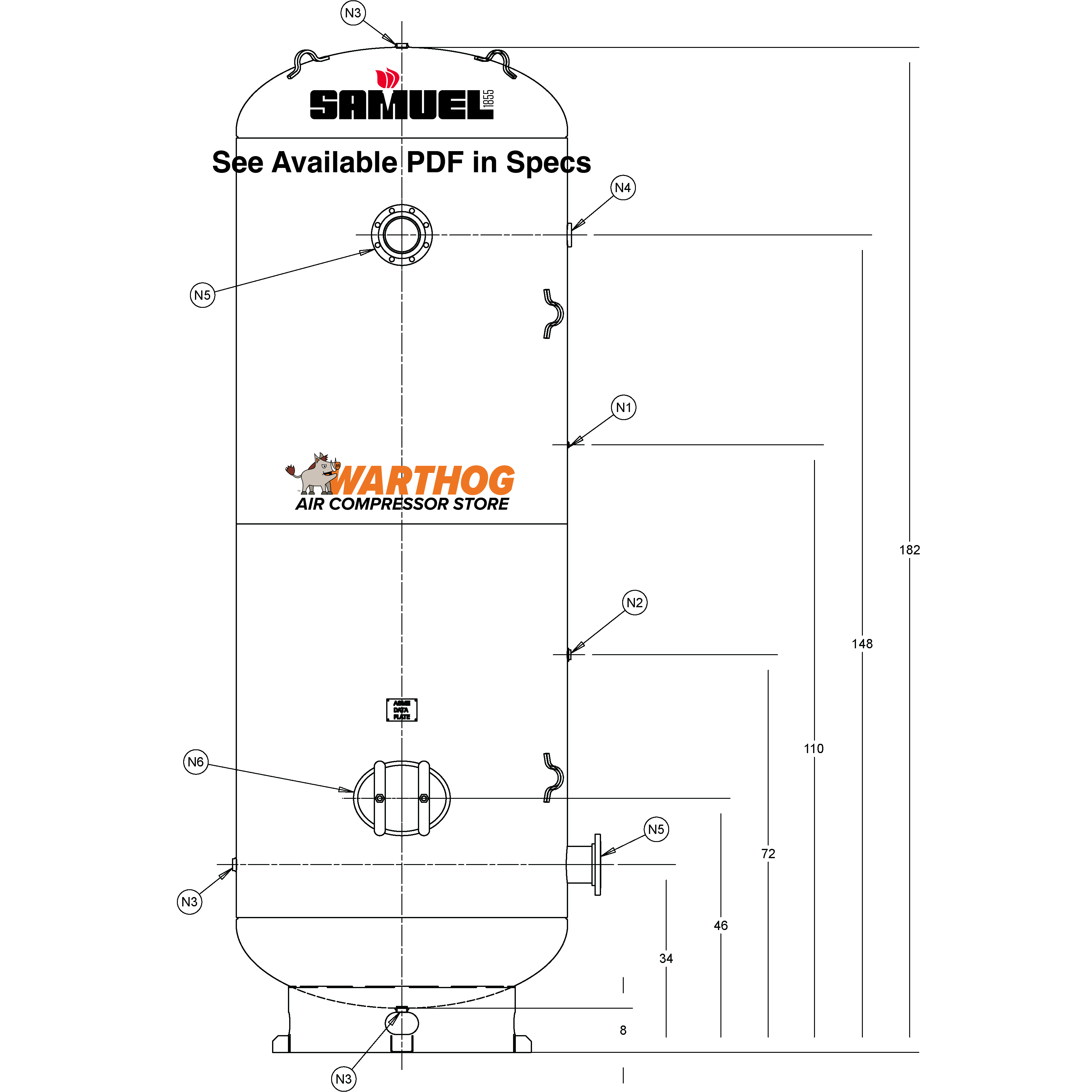 2000 Gallon 150PSI Vertical Air Tank By Samuel with 8" base ring | A10333