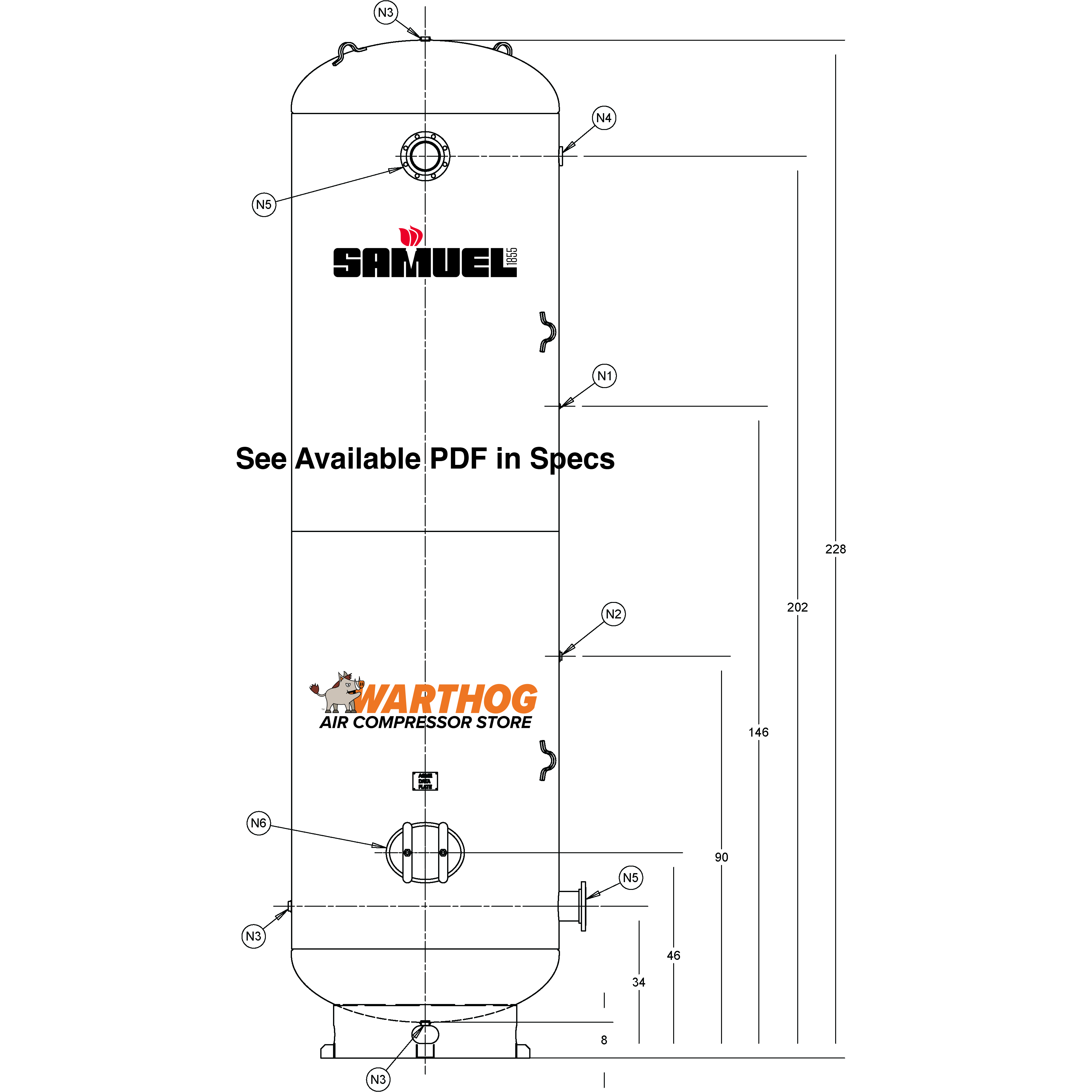 2560 Gallon 150PSI Vertical Air Tank By Samuel with 8" base ring | A10336