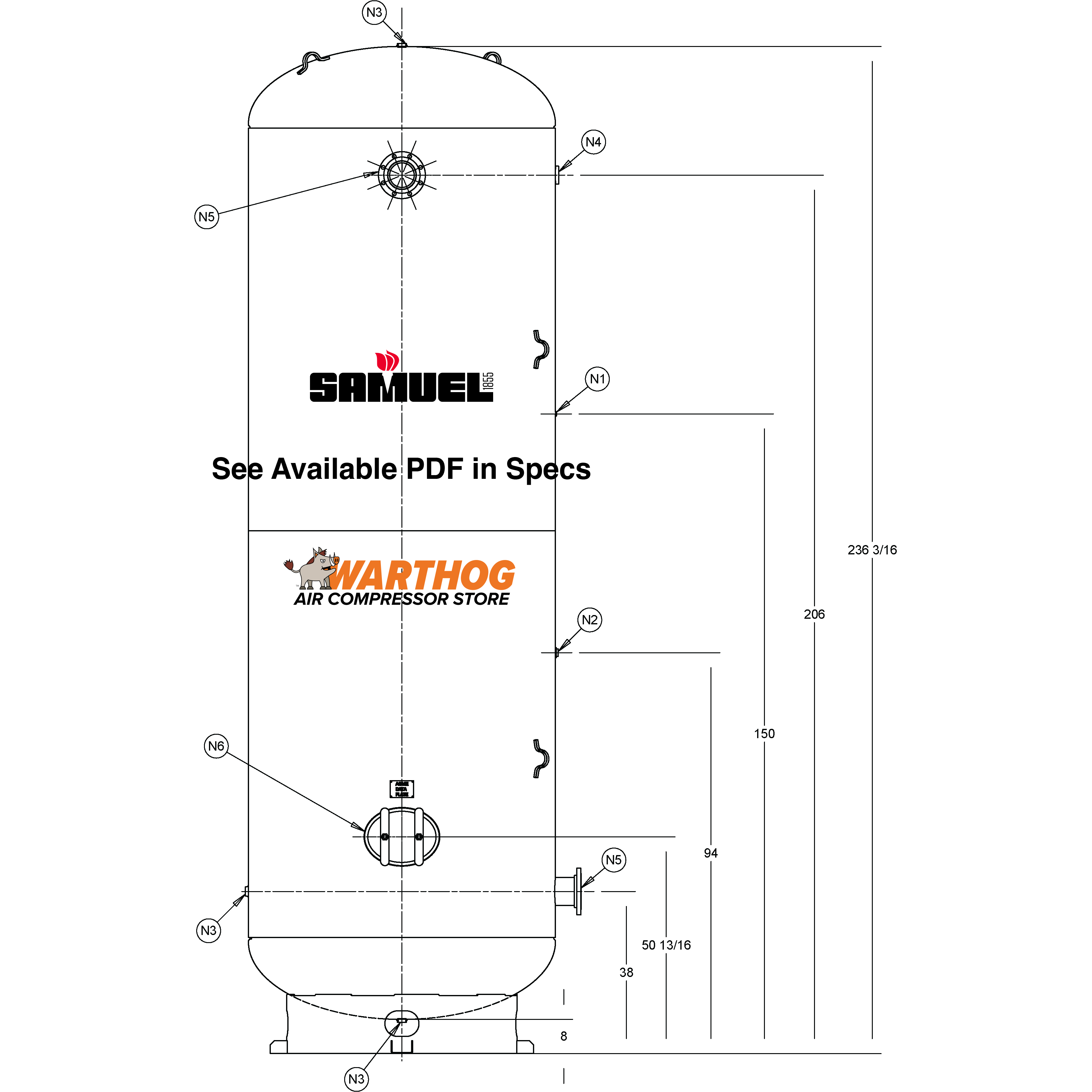 3800 Gallon 150PSI Vertical Air Tank By Samuel with 8" base ring | A10340
