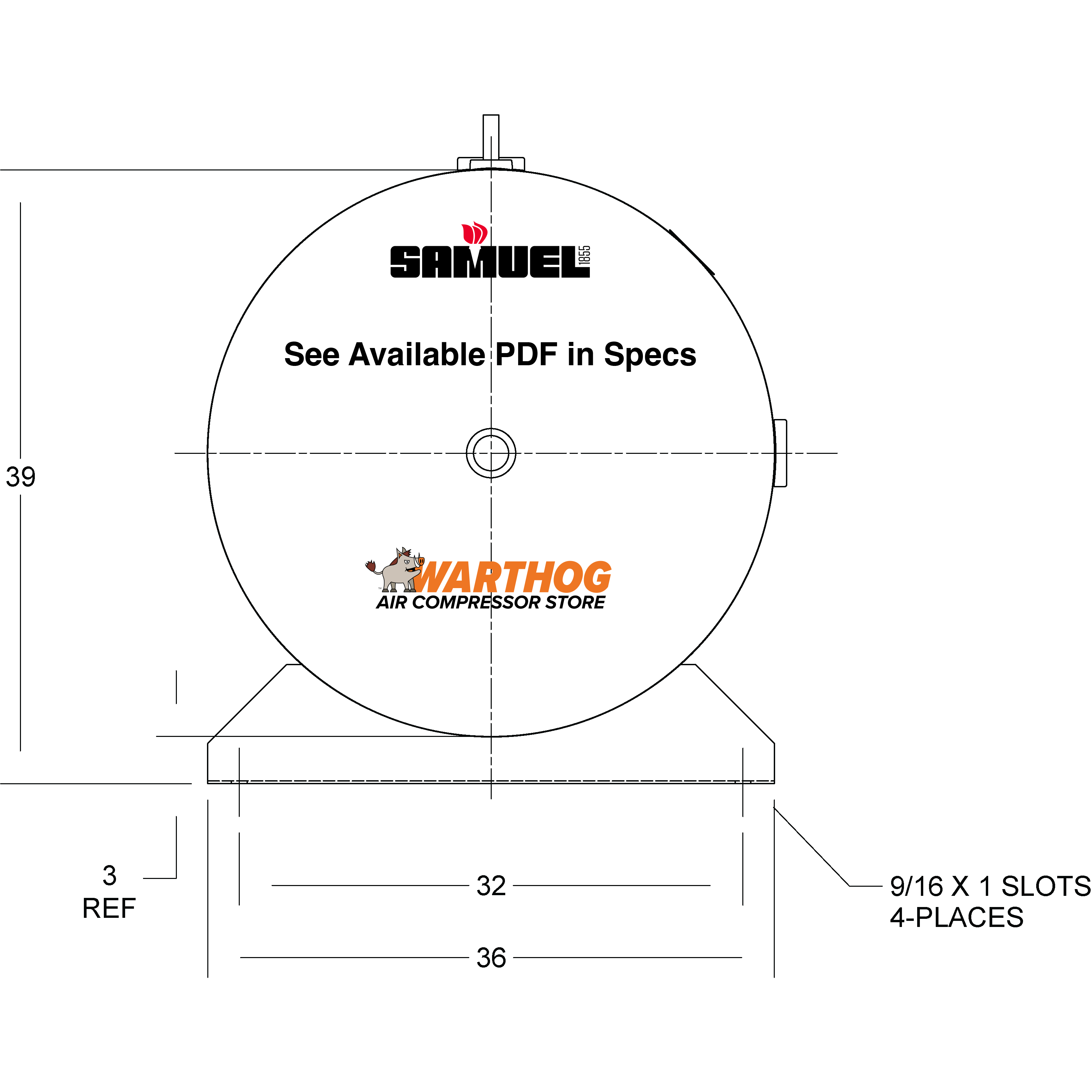 500 Gallon 165PSI Horizontal Air Tank By Samuel with Saddle legs | A10352