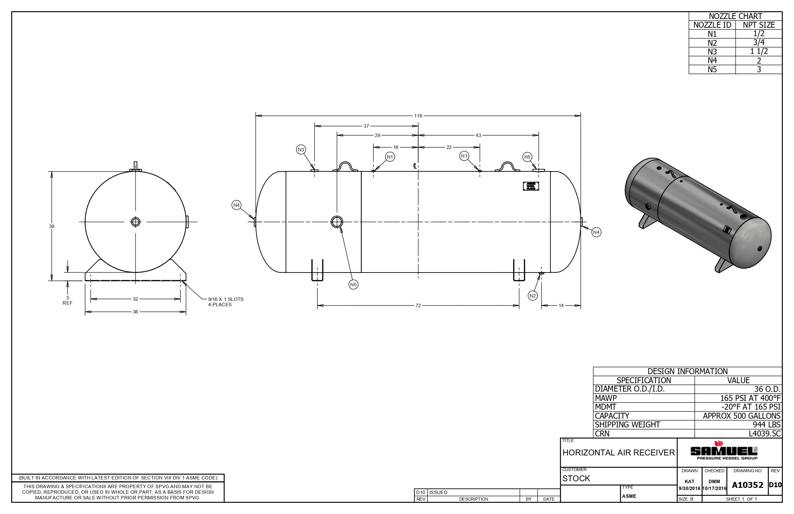 500 Gallon 165PSI Horizontal Air Tank By Samuel with Saddle legs | A10352