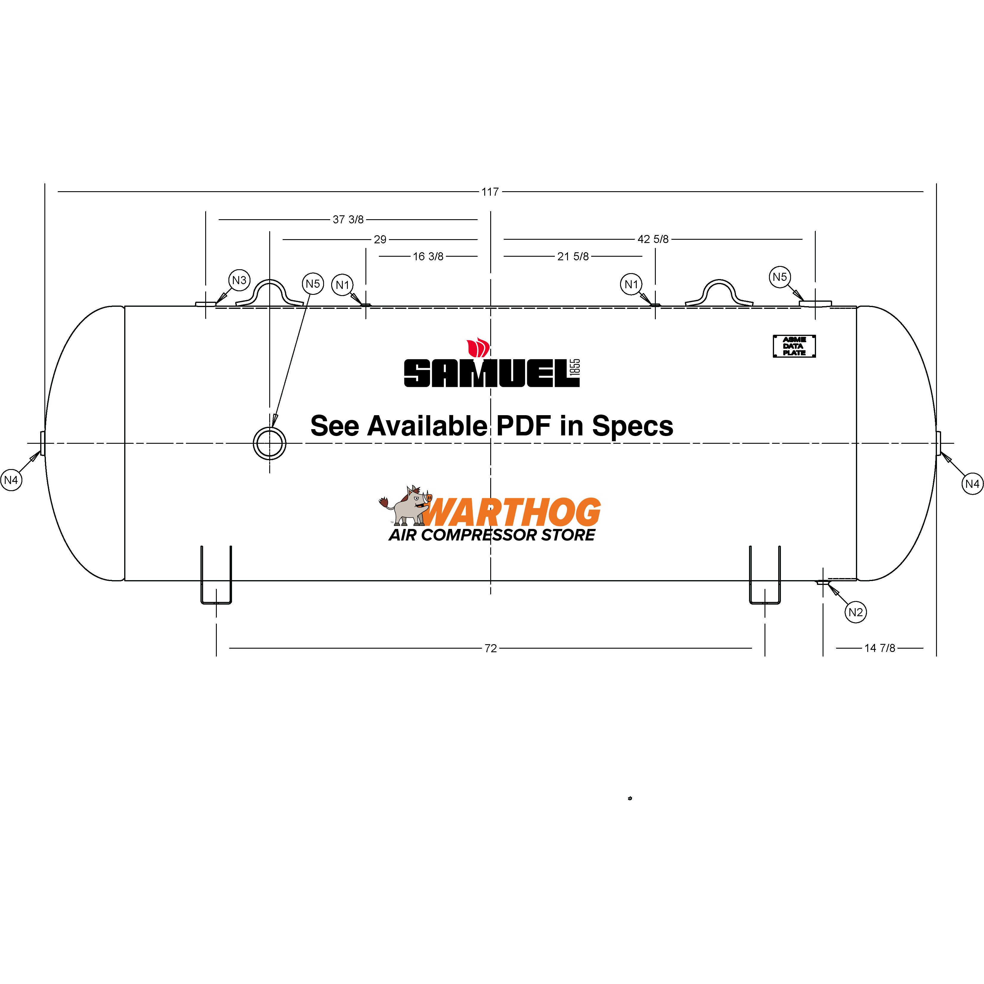 500 Gallon 200PSI Horizontal Air Tank By Samuel with Saddle legs | A10354