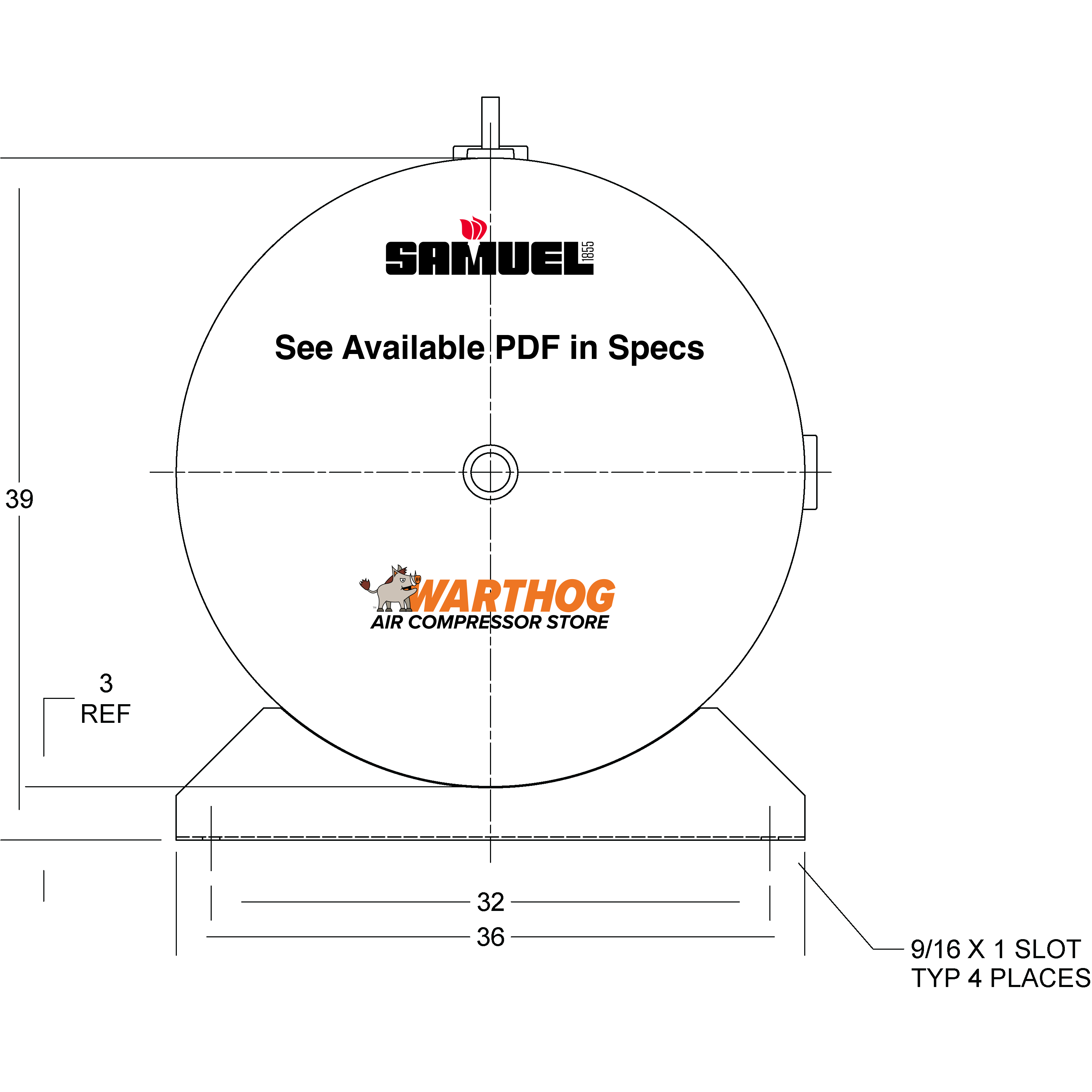 500 Gallon 200PSI Horizontal Air Tank By Samuel with Saddle legs | A10354