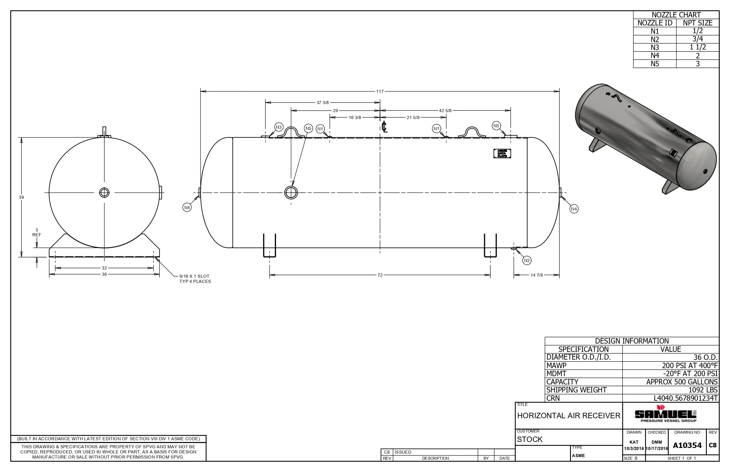 500 Gallon 200PSI Horizontal Air Tank By Samuel with Saddle legs | A10354