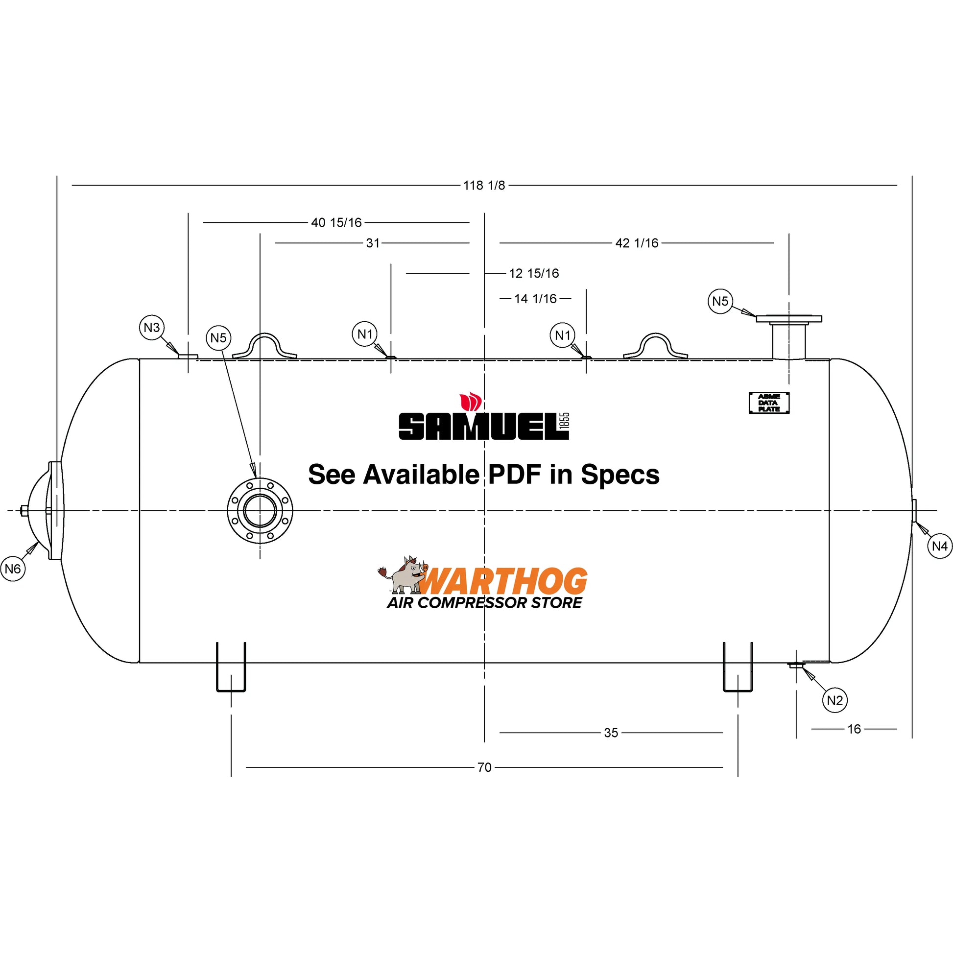 660 Gallon 150PSI Horizontal Air Tank By Samuel with Saddle legs | A10358 Samuel
