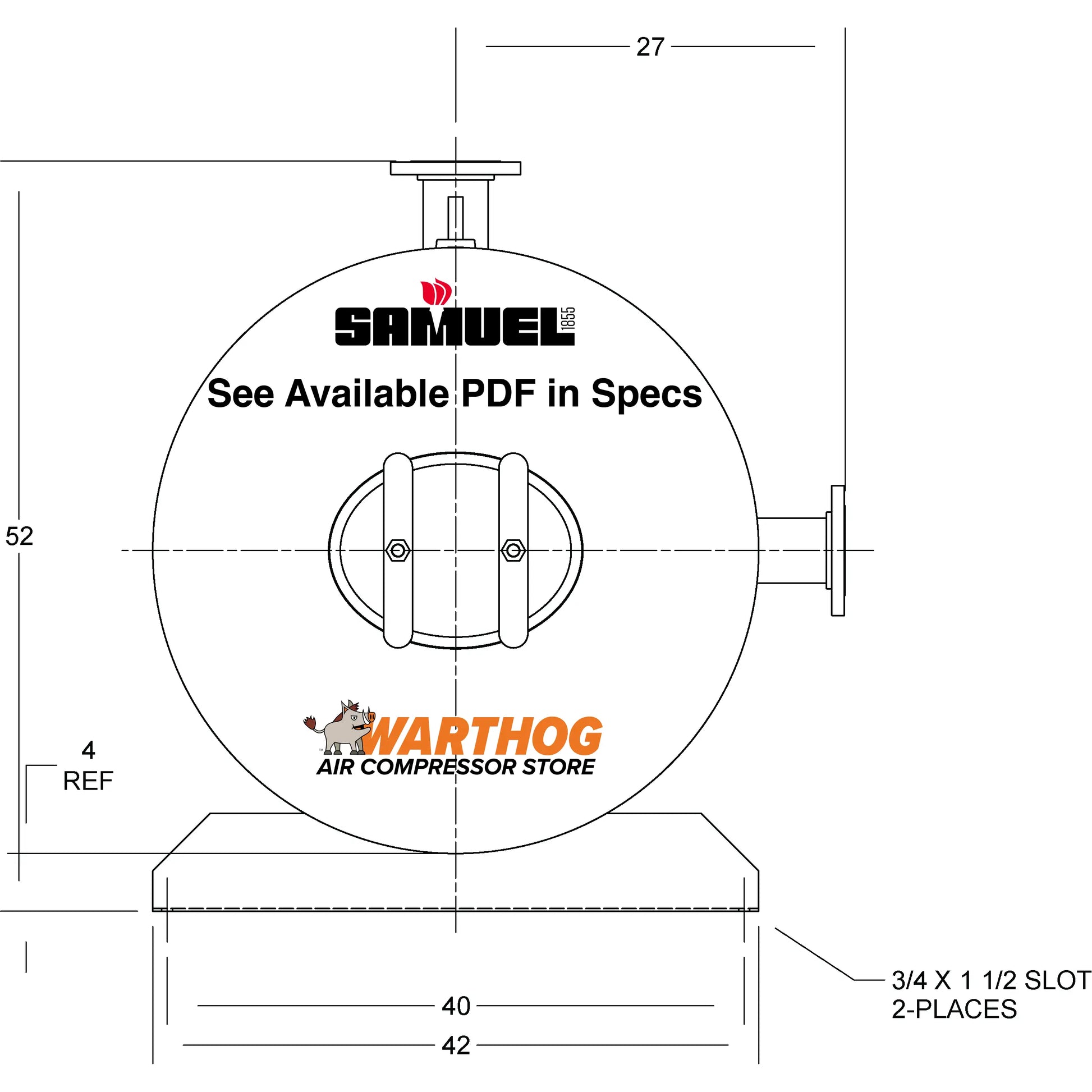 660 Gallon 150PSI Horizontal Air Tank By Samuel with Saddle legs | A10358 Samuel