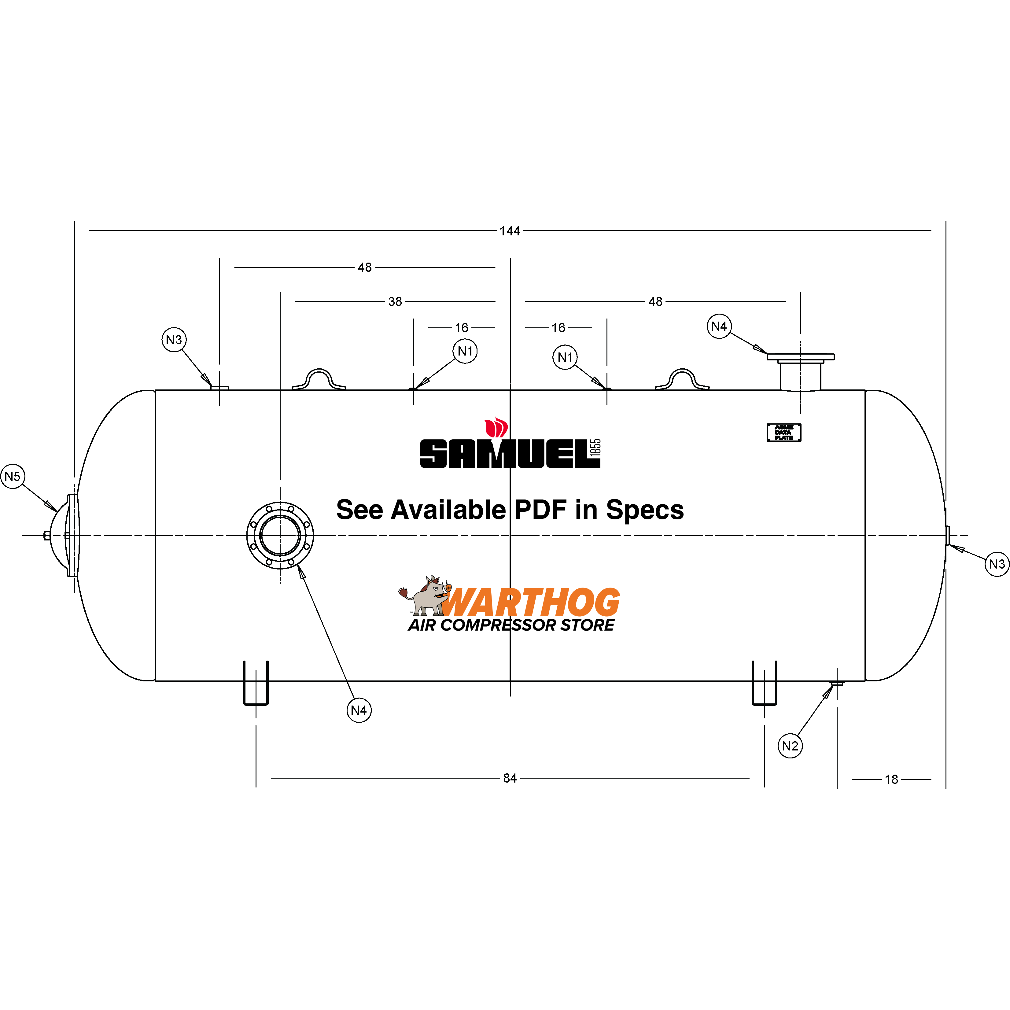 1060 Gallon 200PSI Horizontal Air Tank By Samuel with Saddle legs | A10368-200