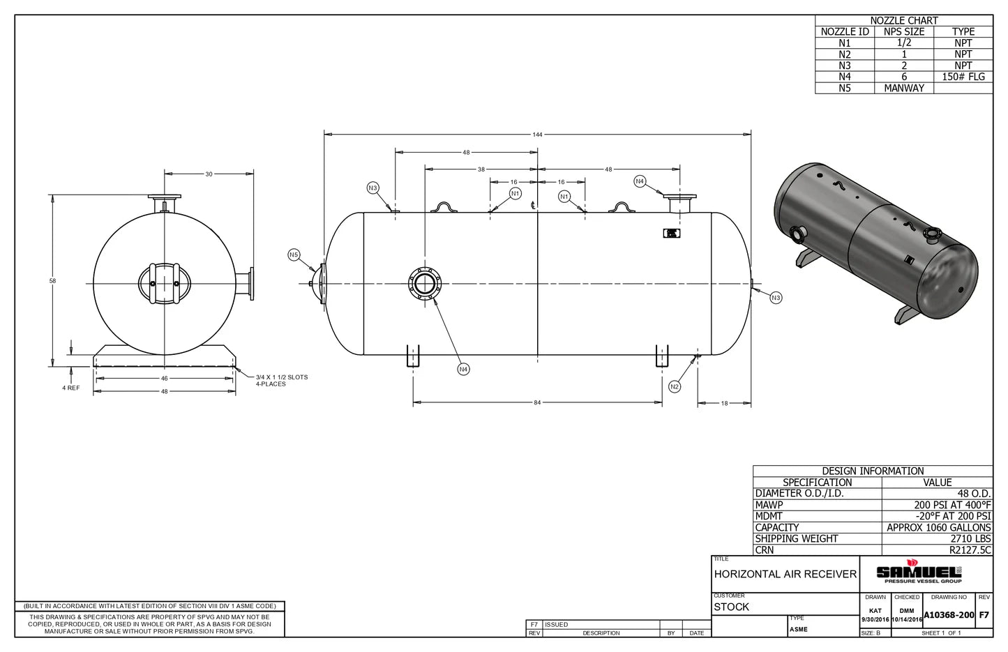 1060 Gallon 200PSI Horizontal Air Tank By Samuel with Saddle legs | A10368-200