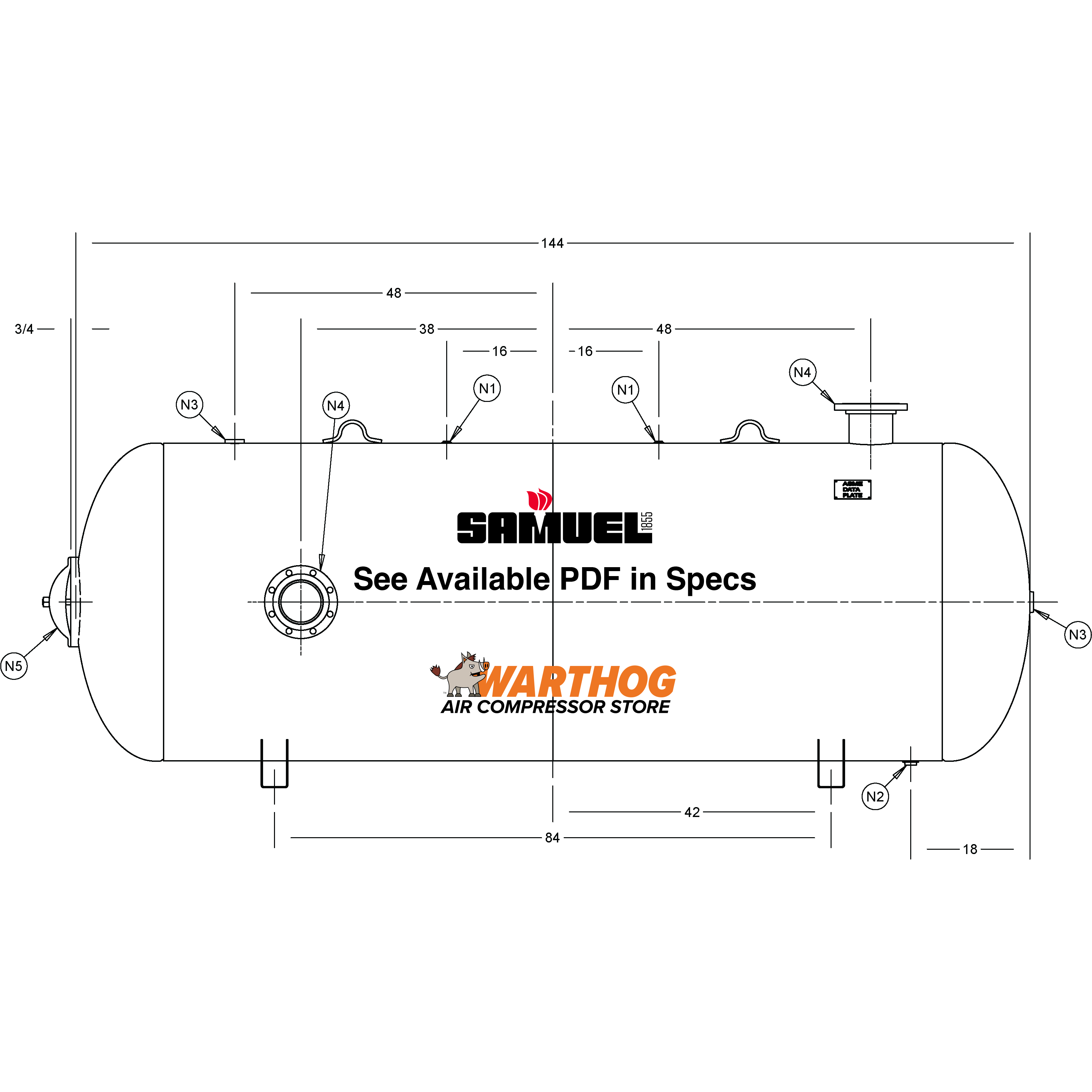 1060 Gallon 155PSI Horizontal Air Tank By Samuel with Saddle legs | A10368