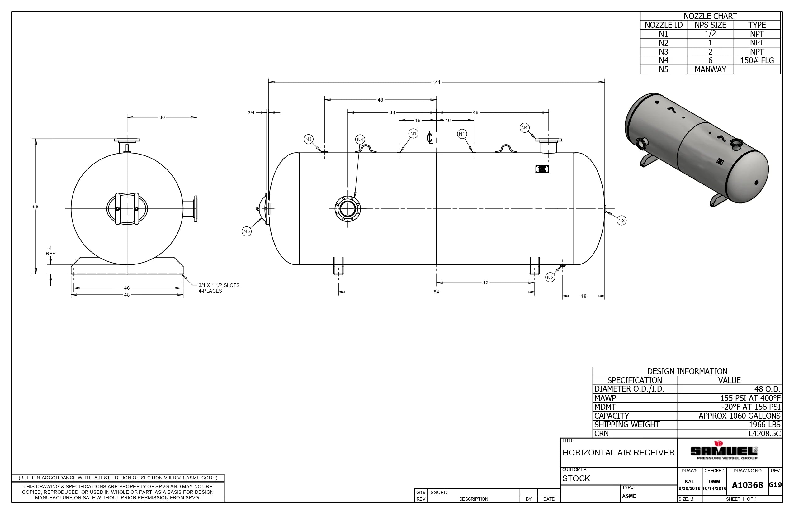 1060 Gallon 155PSI Horizontal Air Tank By Samuel with Saddle legs | A10368