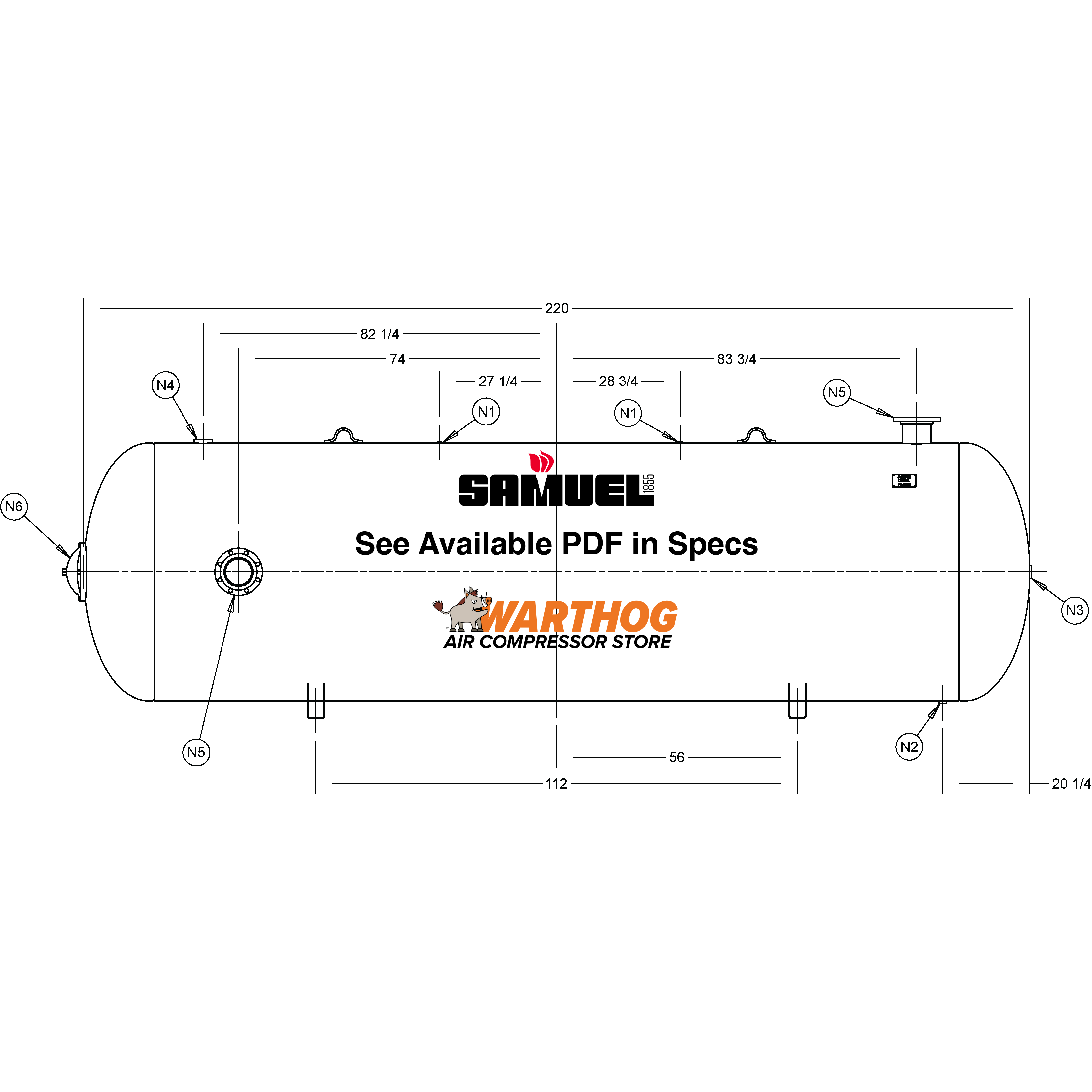 2560 Gallon 150PSI Horizontal Air Tank By Samuel with Saddle legs | A10392