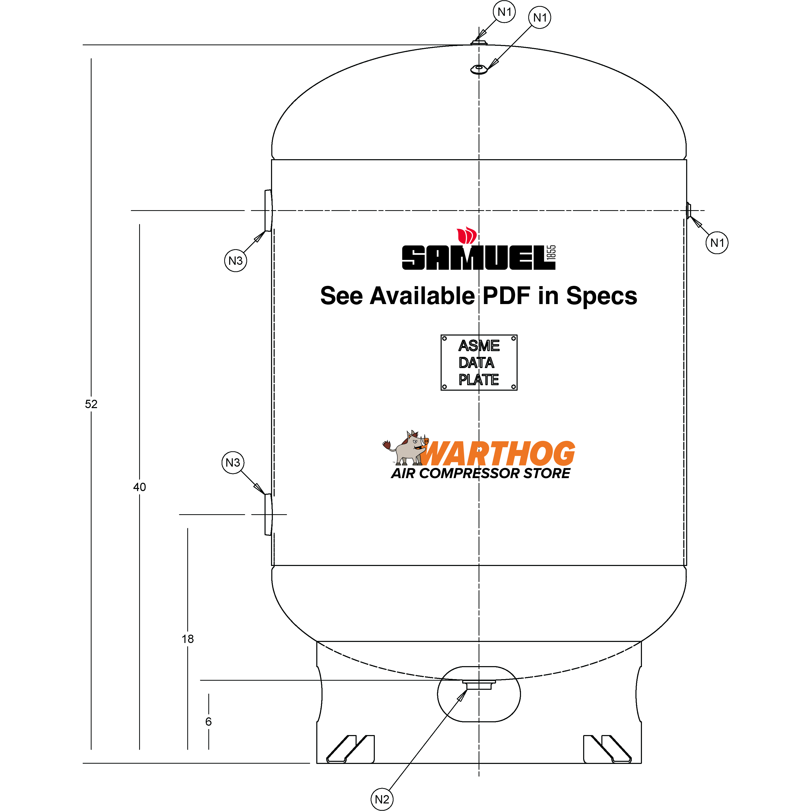 120 Gallon 200PSI Vertical Air Tank By Samuel with 6" base ring | A12276