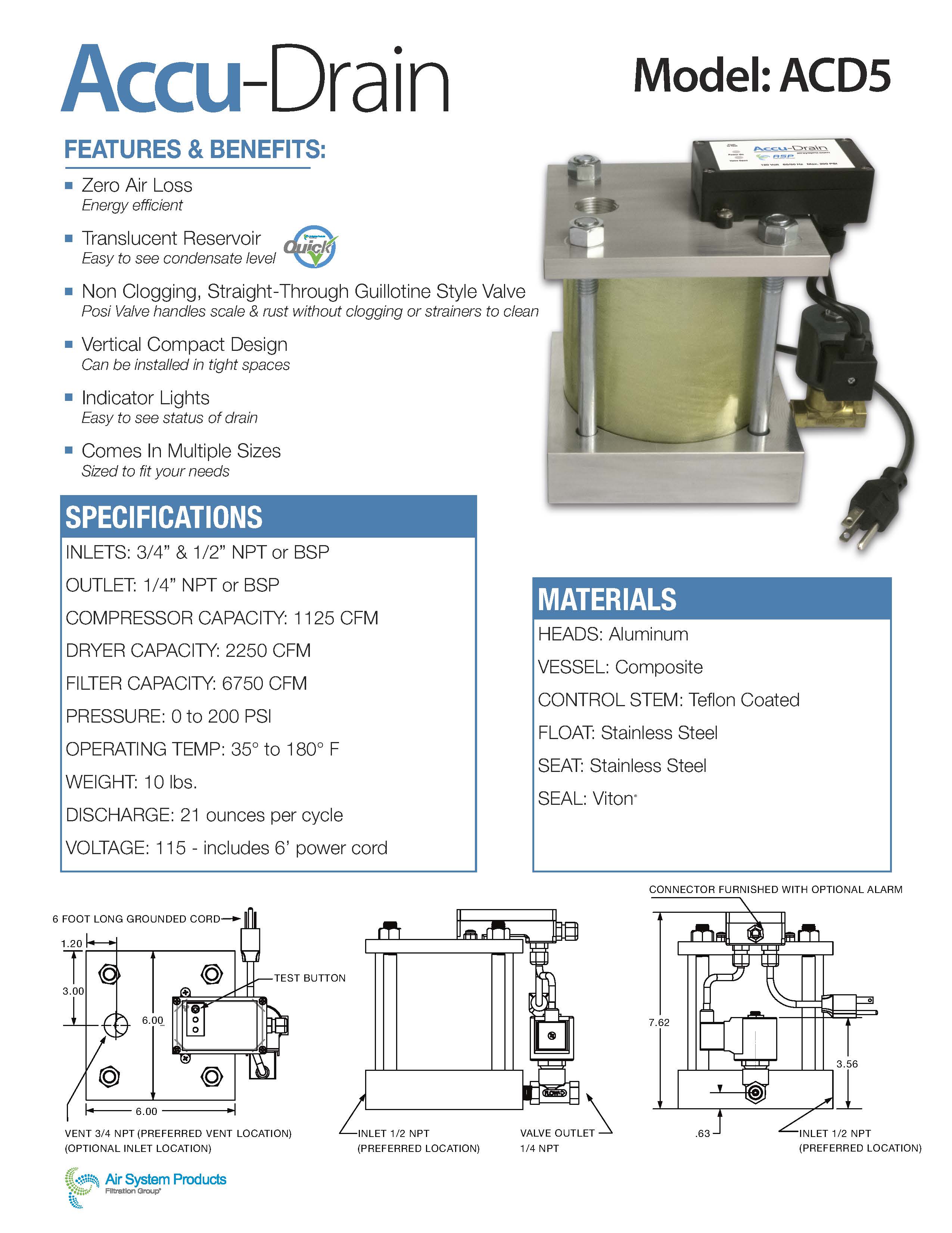 Air System Products Accu-Drain ACD5 w/ Alarm Contact