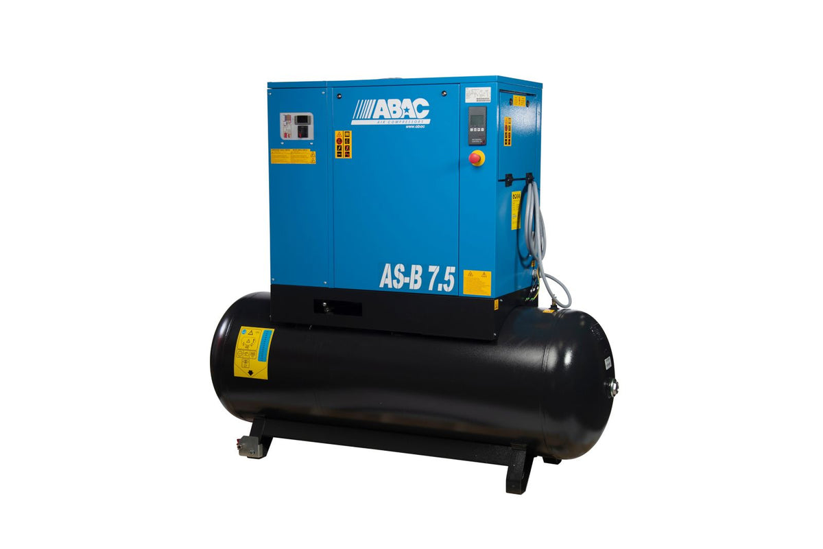 ABAC AS-B 7.5 HP rotary screw air compressor on 131 gallon tank with integrated refrigerated dryer