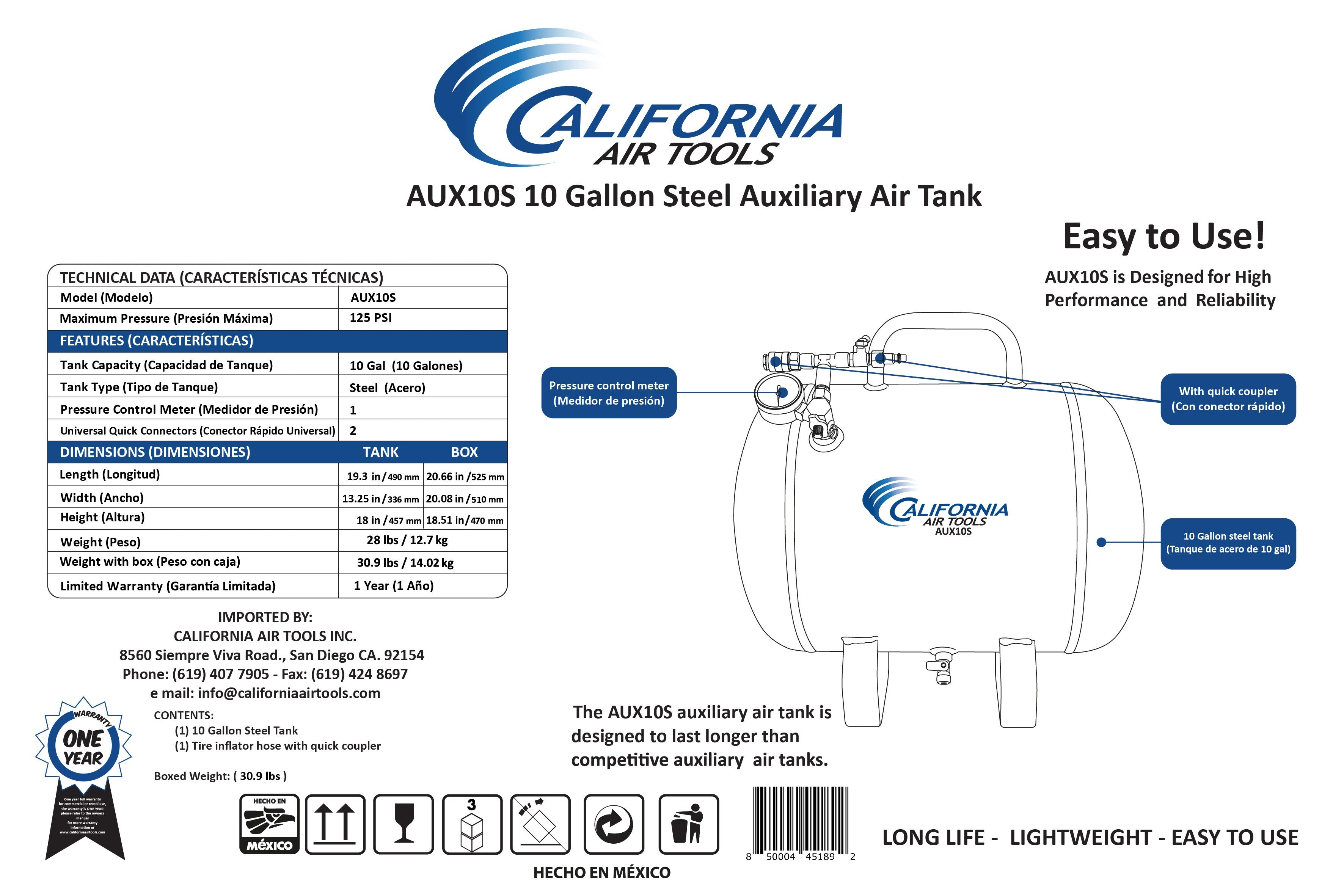 California Air Tools Portable 10 Gallon Steel Air Tank | CAT-AUX10S