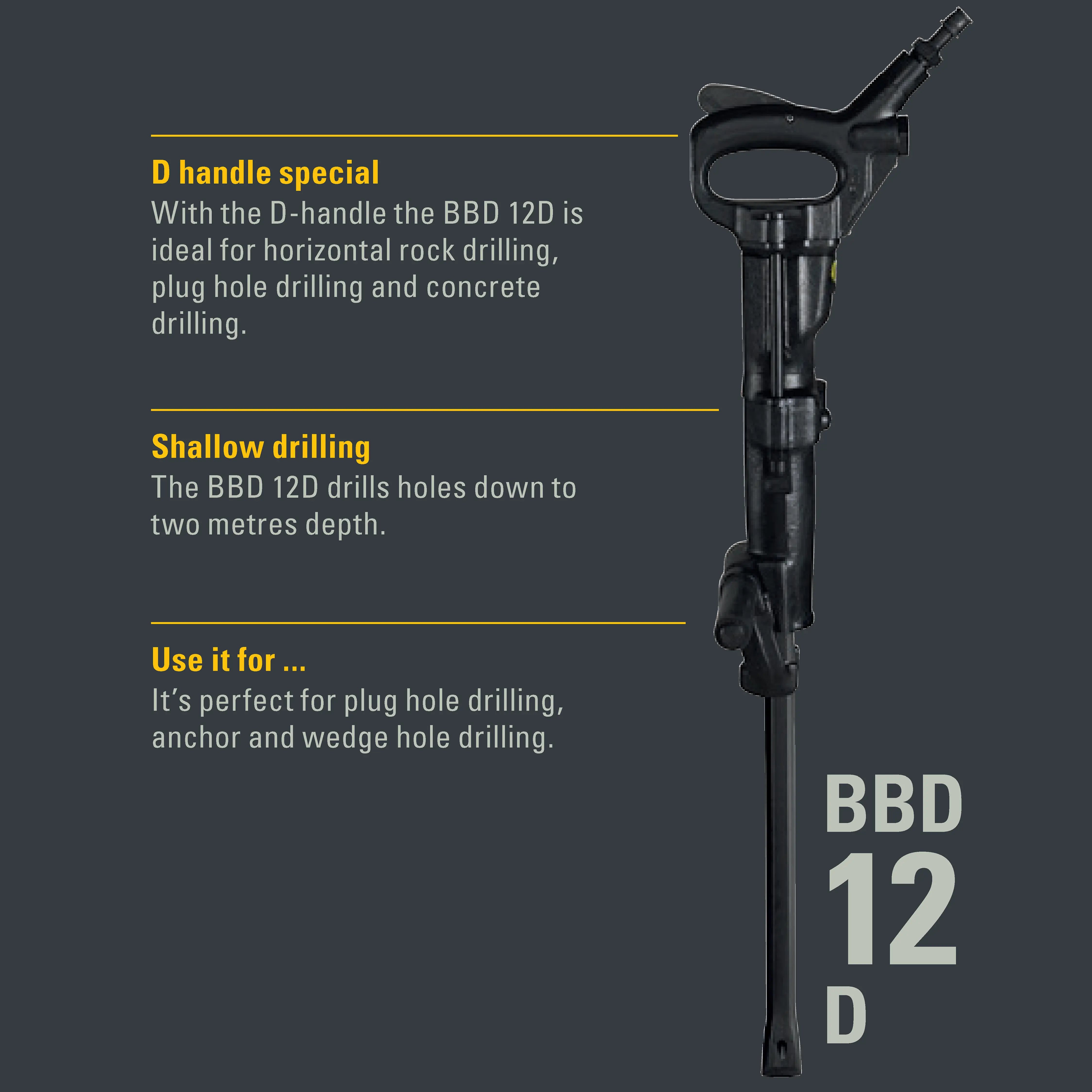 BBD 12D Pneumatic Hand Held Surface Rock Drill by Atlas Copco