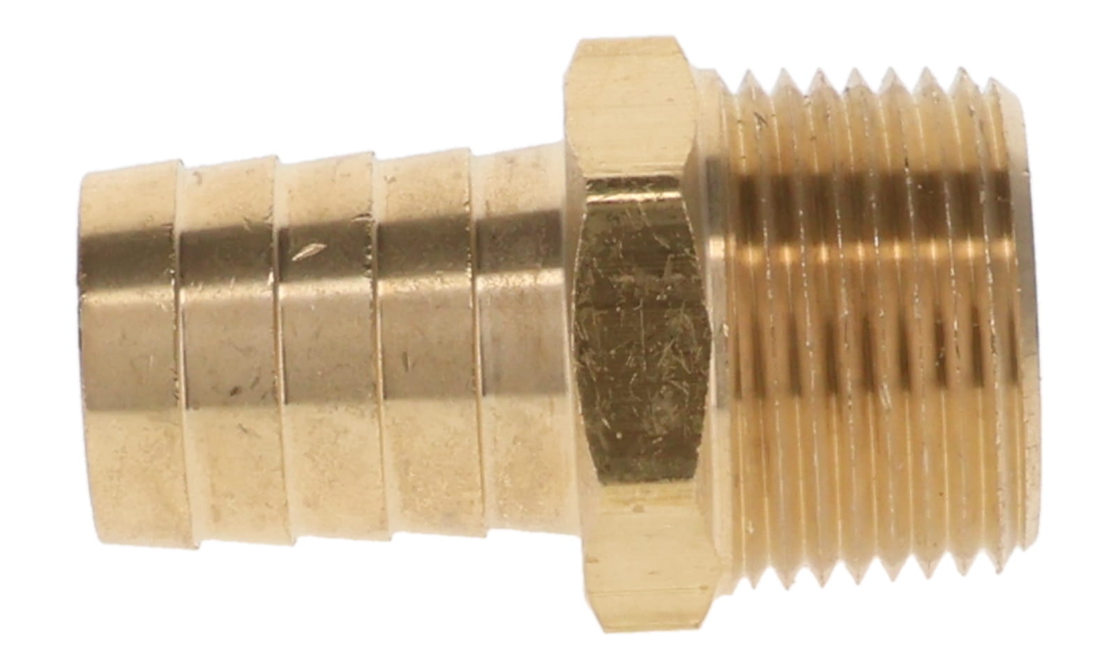 Brass hose barb to male NPT rigid adapter fitting, CA360 brass, profile view