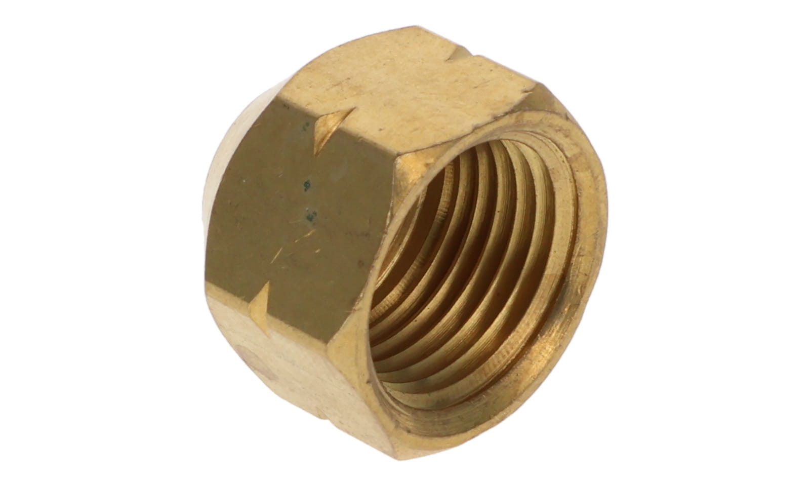 Brass FNPT pipe cap showing hex body and female NPT threaded opening