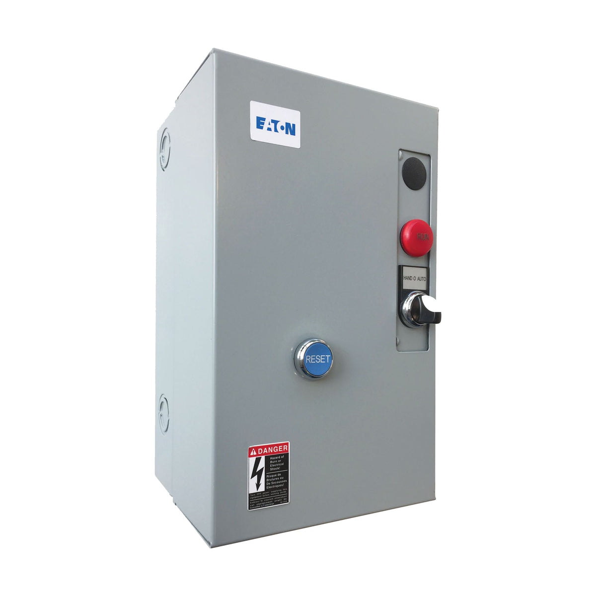 Eaton ECX09 XT-series IEC enclosed motor starter in NEMA 1 enclosure. Representative photo; this starter ships with a blank cover and no pushbuttons.
