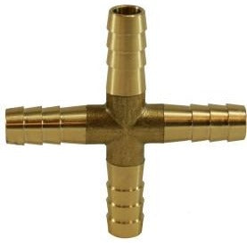 Brass hose barb equal cross fitting — 4-way, all ports equal size, CA360 brass