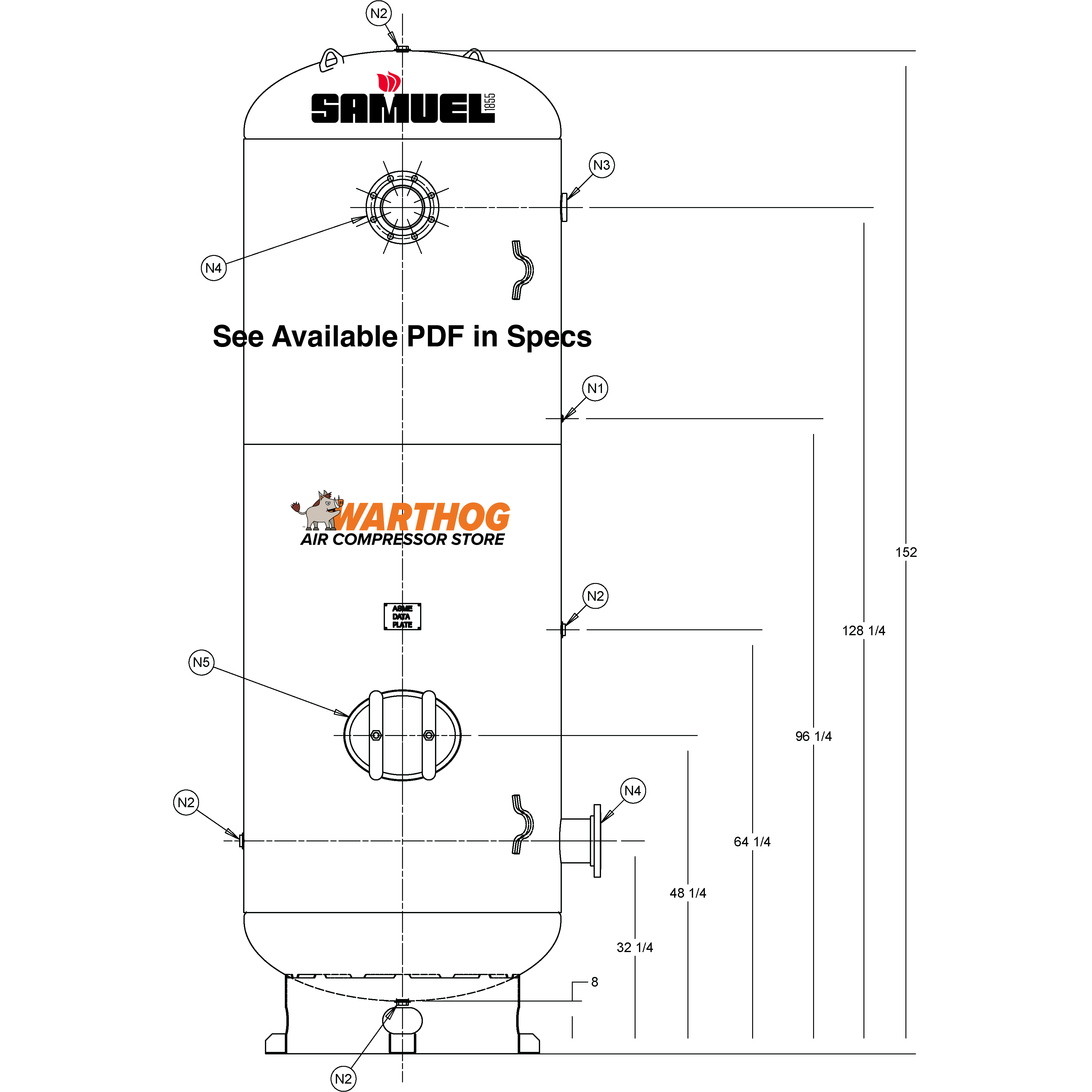 1060 Gallon 200PSI Vertical Air Tank By Samuel with 8" base ring | C100331