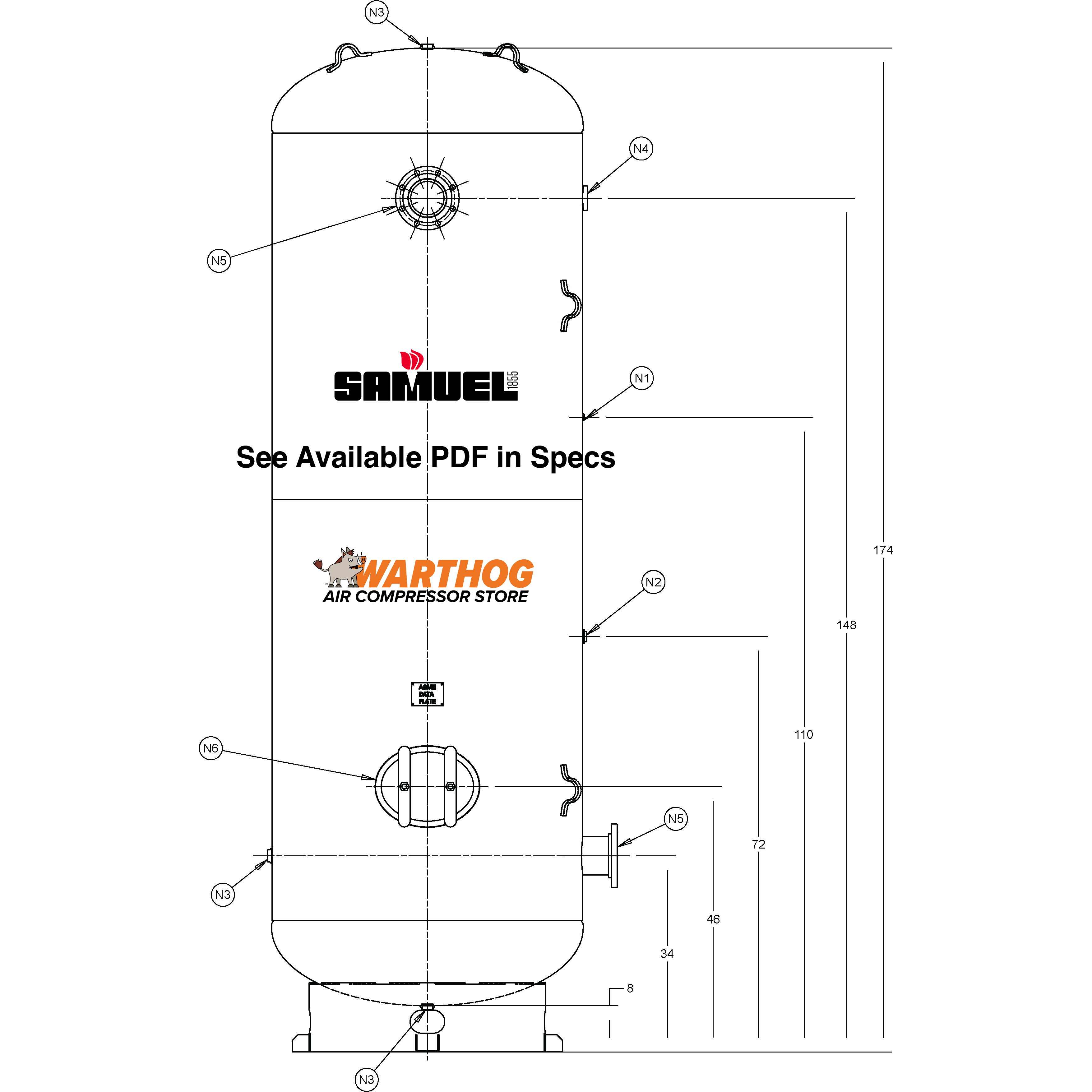 1550 Gallon 165PSI Vertical Air Tank By Samuel with 8" base ring | C100898-X